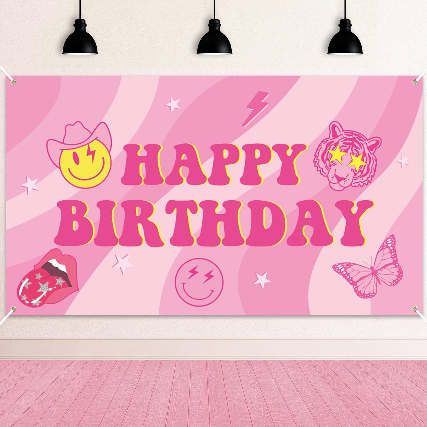 Happy Butterfly Birthday Backdrop - Hot Pink Smiling Face Lip Banner. This Extra Large Y2k Background is perfect for Girls Party Decor & Photo Booth Props!