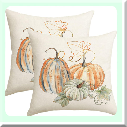 Autumn Harvest Pillow Covers Set - White Pumpkin Decorative Cushion Case 18x18 - Teal Orange Grey Farmhouse Throw Pillows for Couch Bed Sofa - Thanksgiving Outdoor Pumpkins Decoration