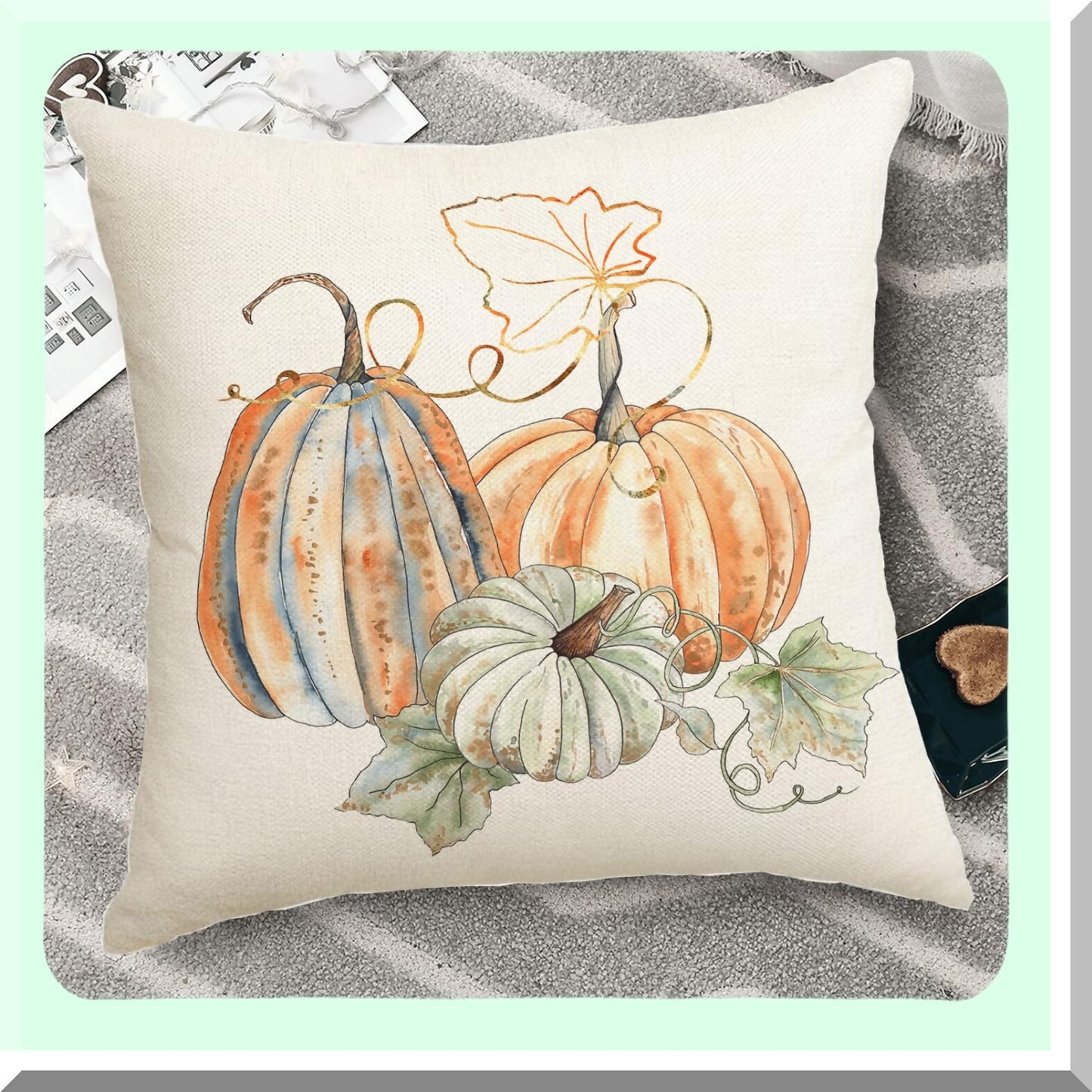 Autumn Harvest Pillow Covers Set - White Pumpkin Decorative Cushion Case 18x18 - Teal Orange Grey Farmhouse Throw Pillows for Couch Bed Sofa - Thanksgiving Outdoor Pumpkins Decoration