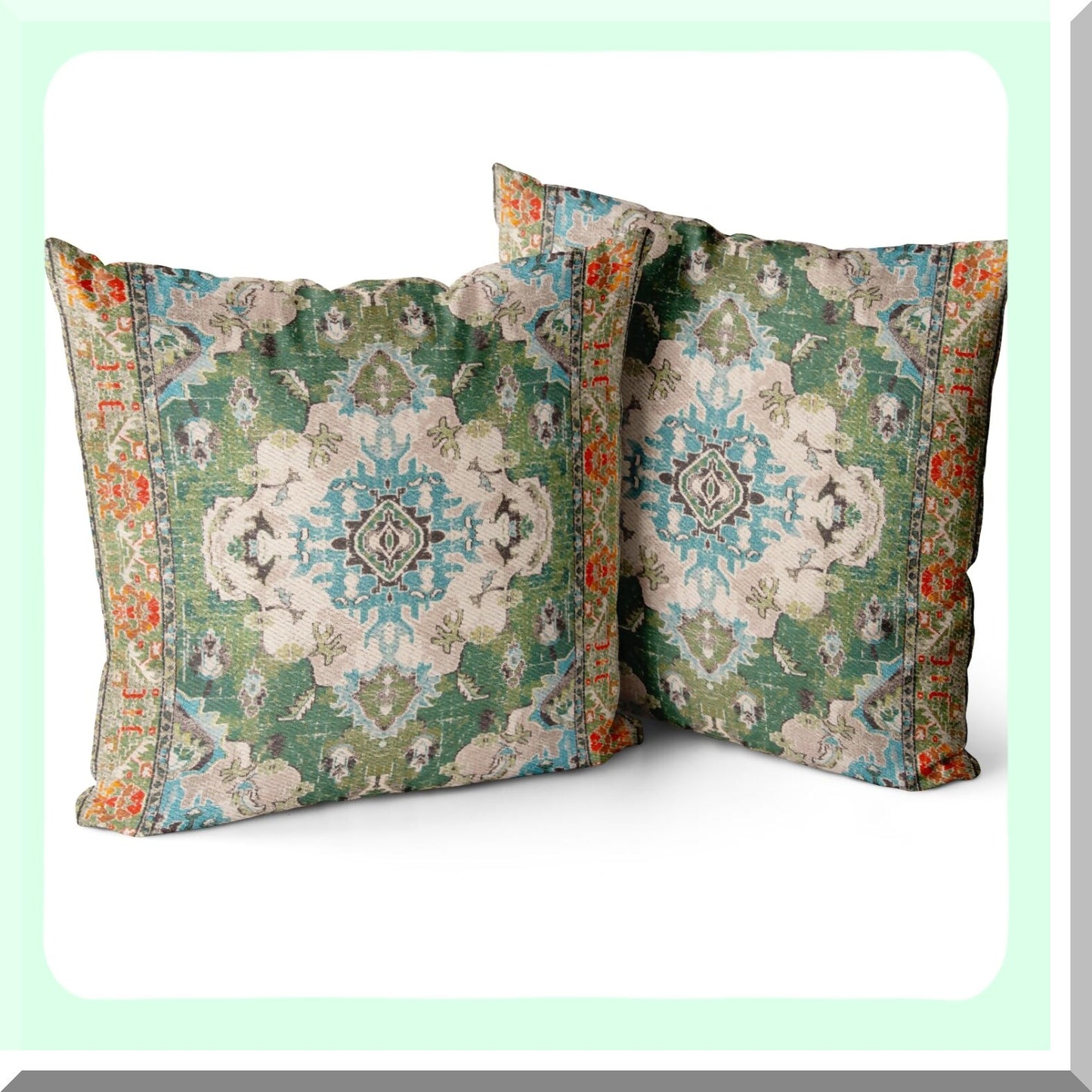 Boho Persian Cotton Pillow Covers - Set of 2 Monaco Rug Cushion Cases 18x18 inch Double Sided Pattern for Couch Sofa Bed Decor - Soft Green Decorative Pillows