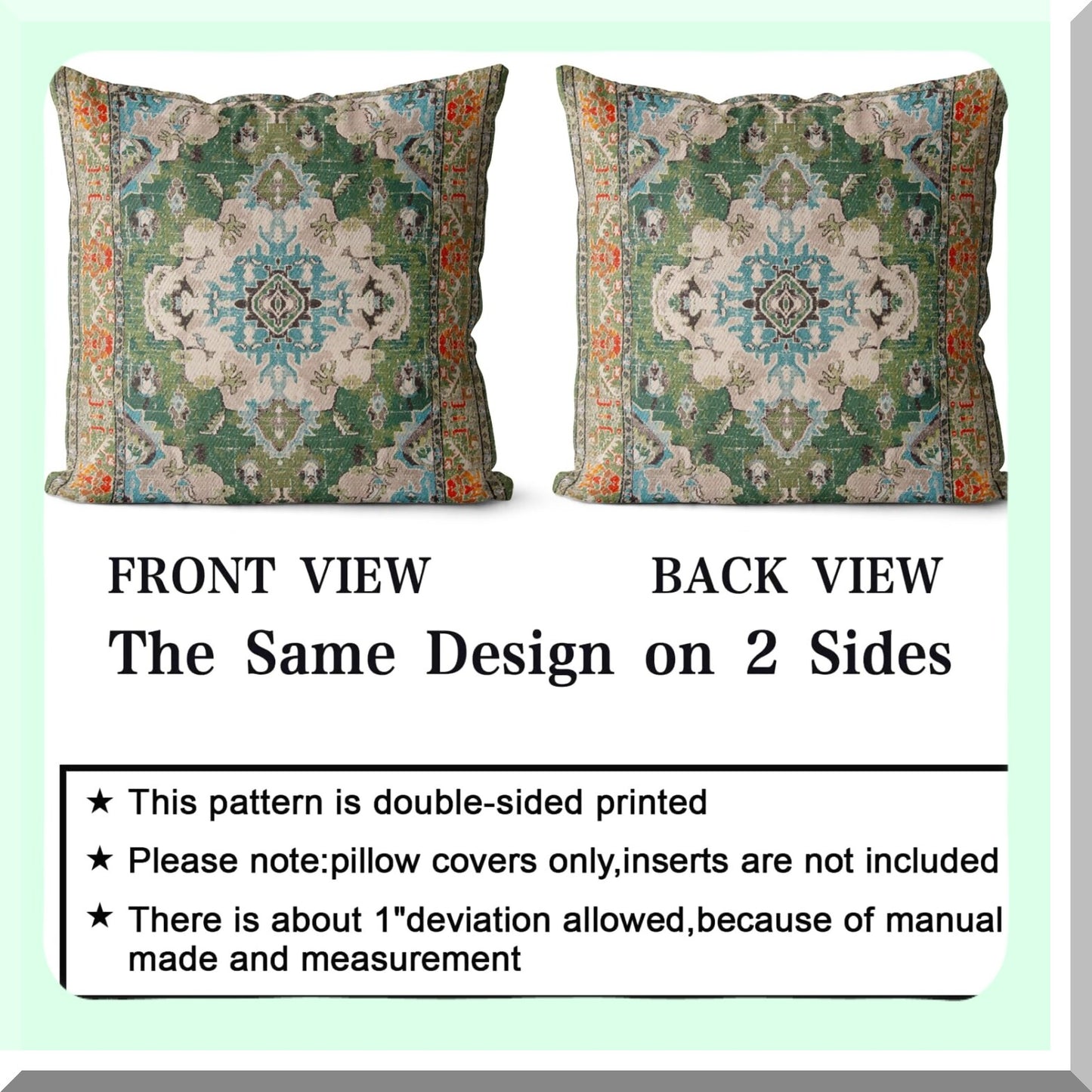 Boho Persian Cotton Pillow Covers - Set of 2 Monaco Rug Cushion Cases 18x18 inch Double Sided Pattern for Couch Sofa Bed Decor - Soft Green Decorative Pillows