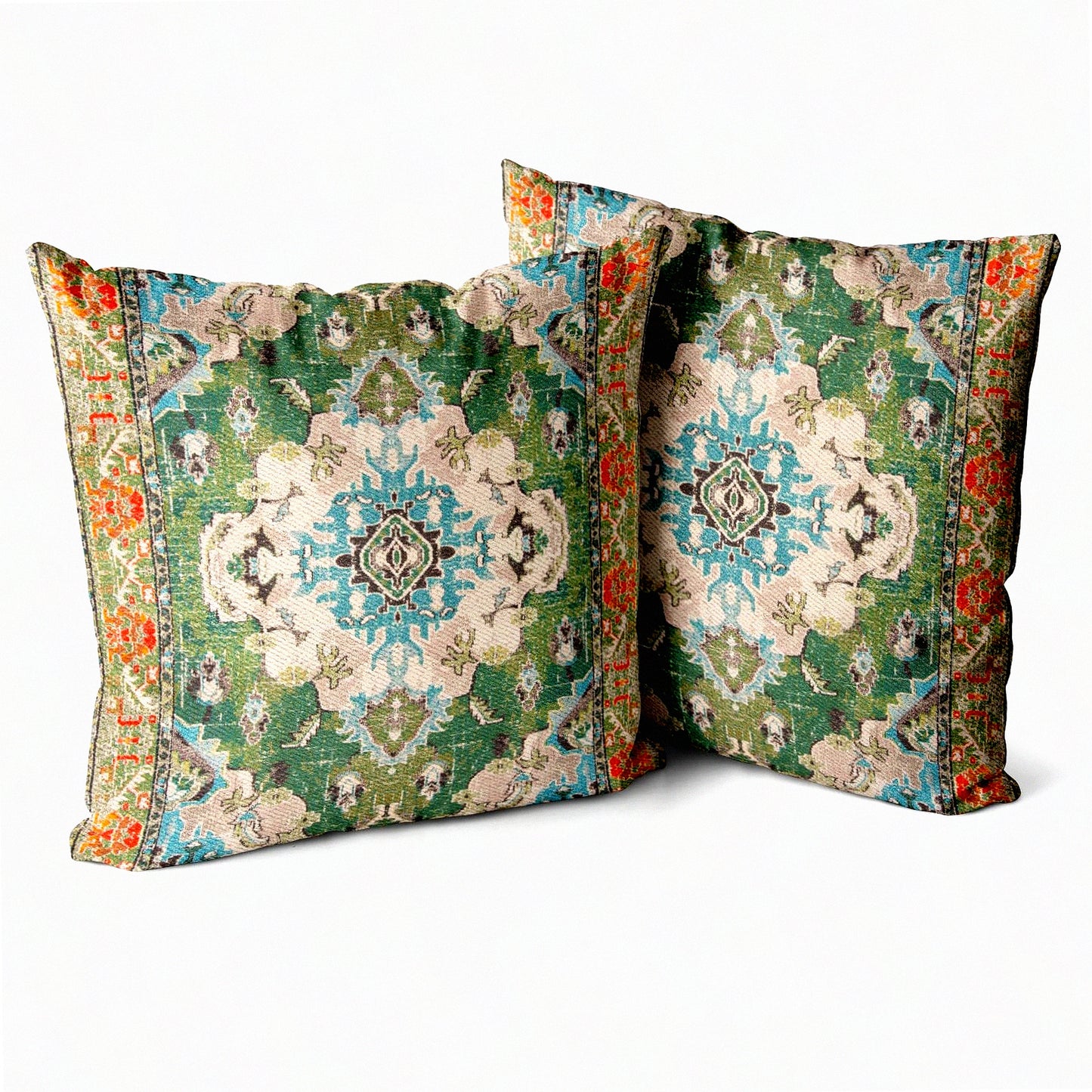 Boho Persian Cotton Pillow Covers - Set of 2 Monaco Rug Cushion Cases 18x18 inch Double Sided Pattern for Couch Sofa Bed Decor - Soft Green Decorative Pillows