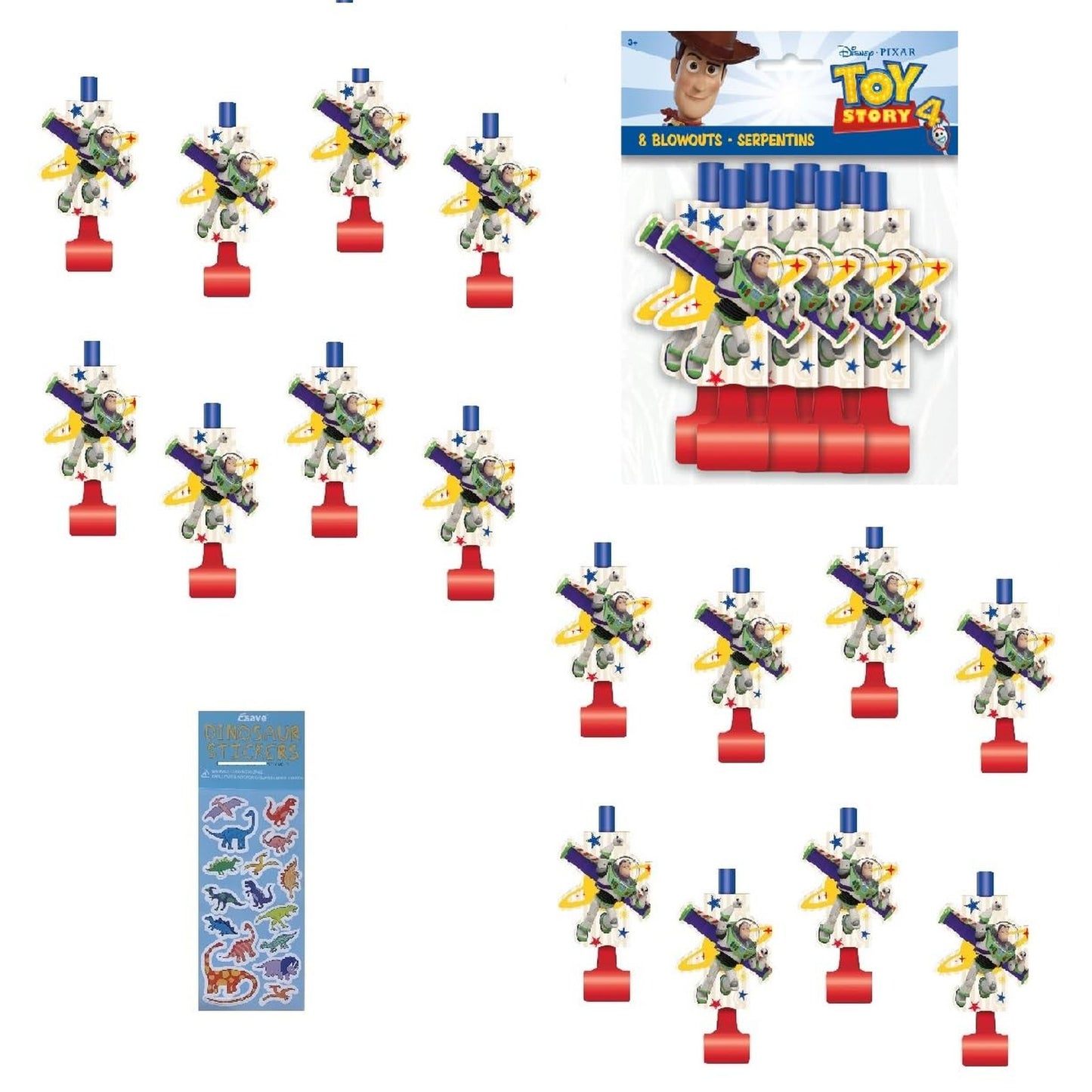 Birthday Party Supplies Bundle with Blowouts and Dinosaur Stickers
