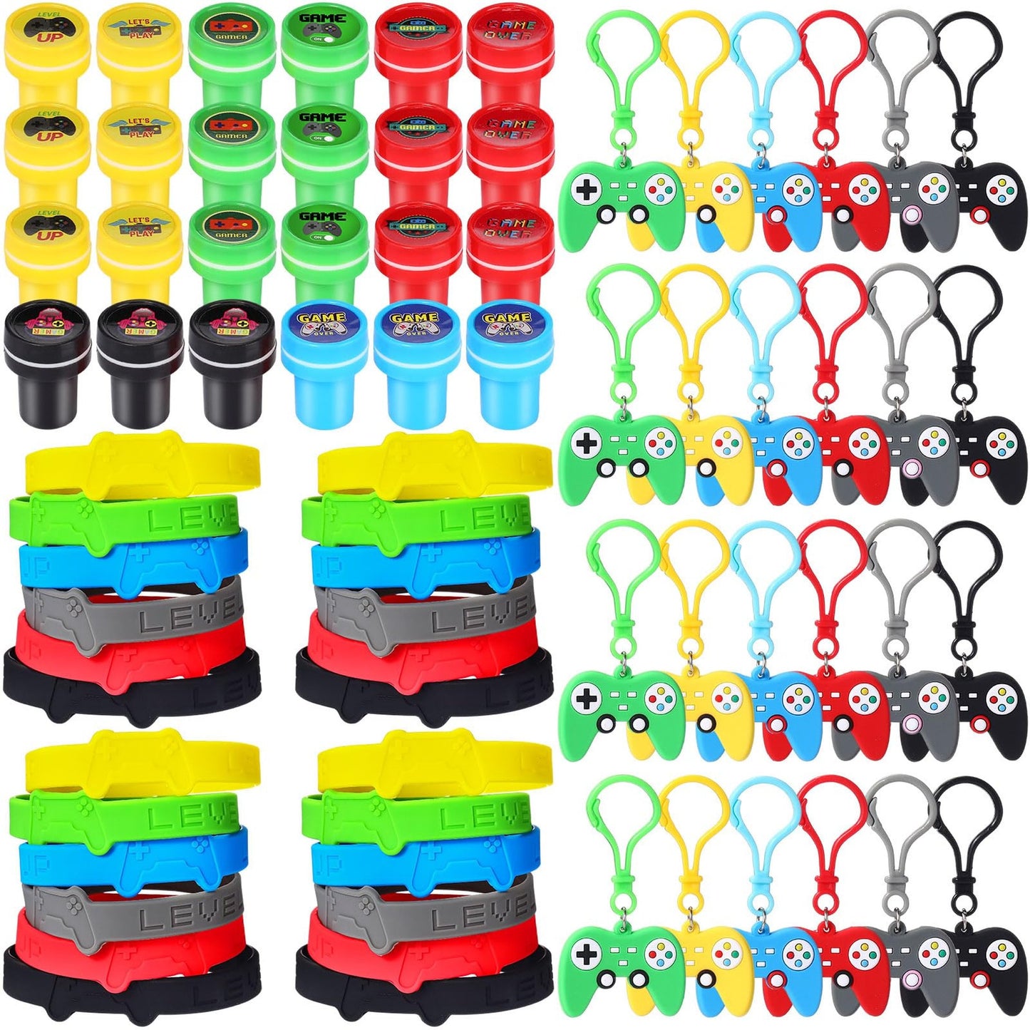 Game On Party Pack - 72 Pcs Video Game Rubber Bracelets, Stamps, Acrylic Keychain Set. Perfect Gamer Birthday Favors & Gift Bag Stuffer for Kids!
