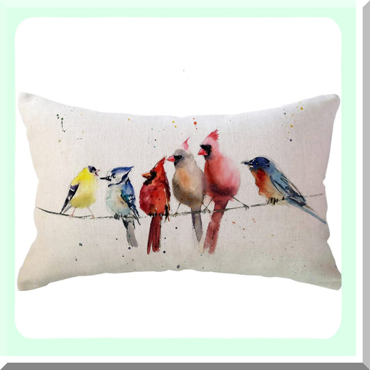 Spring Songbird Lumbar Pillow Cover - Watercolor Birds Resting on Wire Cushion - Rectangular 12x20 inch - Lovely Spring Home Decor - Waist Pillowcase