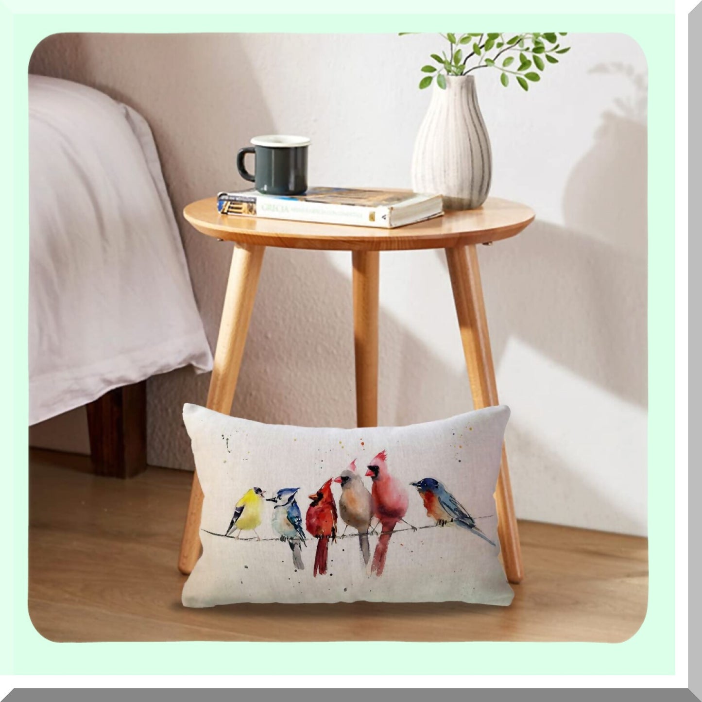 Spring Songbird Lumbar Pillow Cover - Watercolor Birds Resting on Wire Cushion - Rectangular 12x20 inch - Lovely Spring Home Decor - Waist Pillowcase