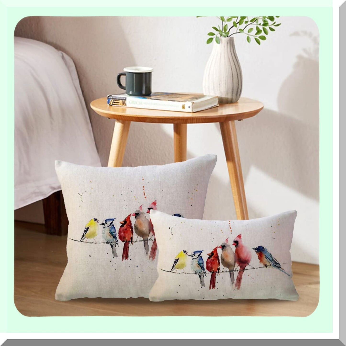 Spring Songbird Lumbar Pillow Cover - Watercolor Birds Resting on Wire Cushion - Rectangular 12x20 inch - Lovely Spring Home Decor - Waist Pillowcase