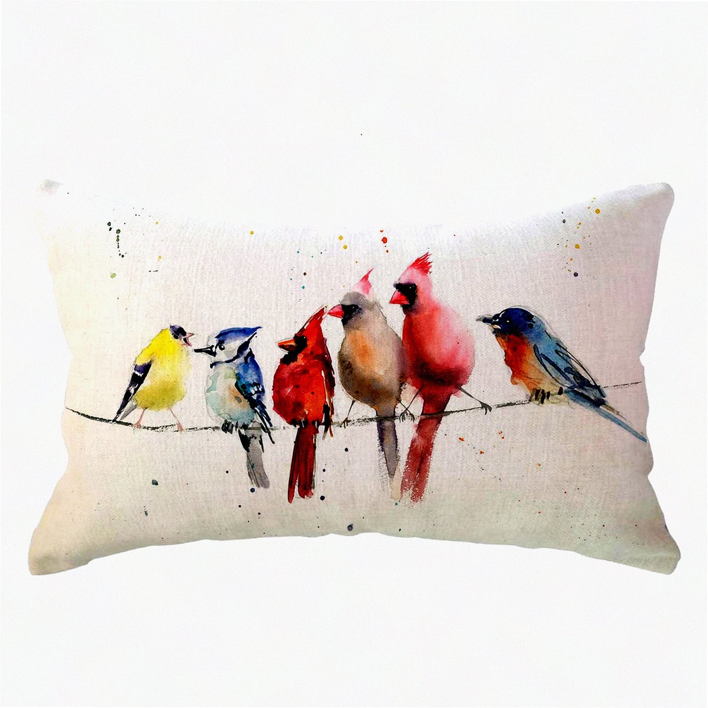 Spring Songbird Lumbar Pillow Cover - Watercolor Birds Resting on Wire Cushion - Rectangular 12x20 inch - Lovely Spring Home Decor - Waist Pillowcase