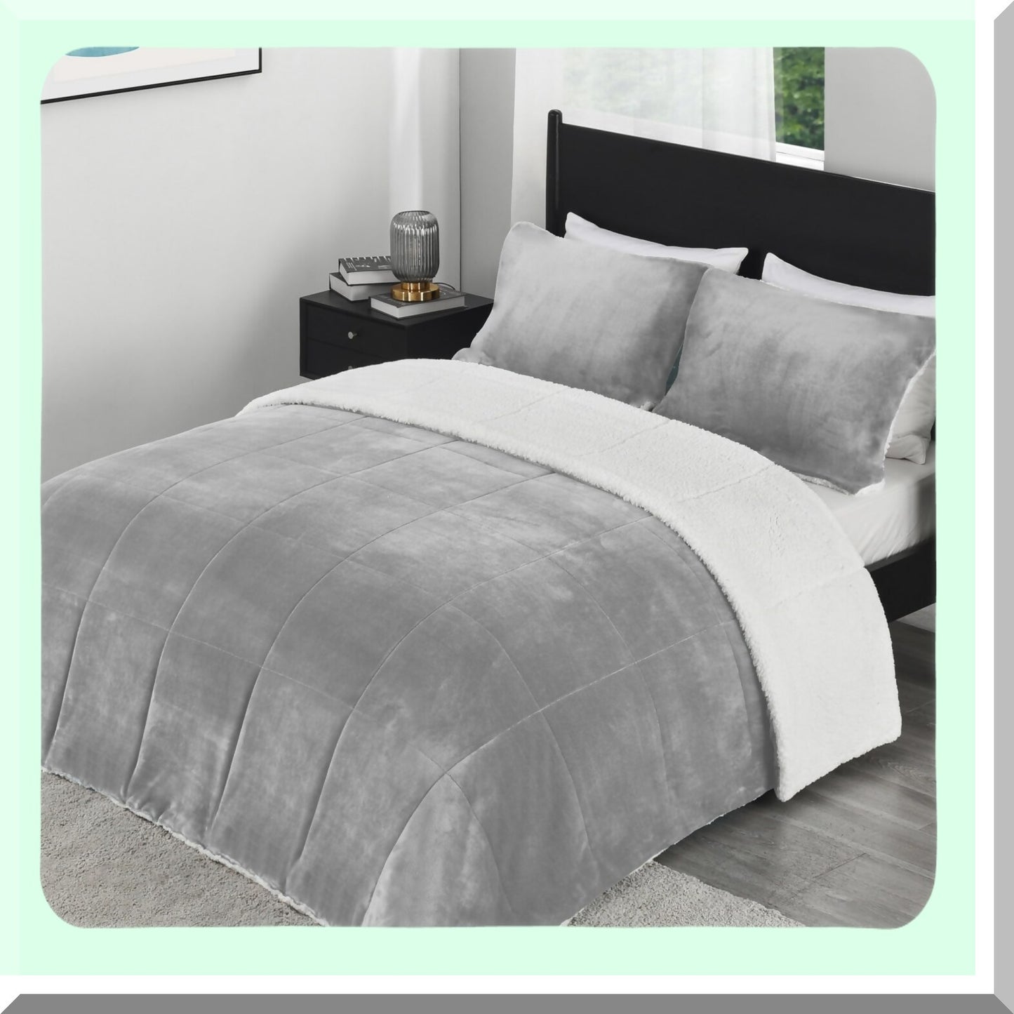 Luxury Plush Sherpa Comforter Set - Queen Size 3-Piece Bedding Bundle with Micromink, Ultra-Soft Light Grey Blanket & Pillow Shams for Fall & Winter Warmth