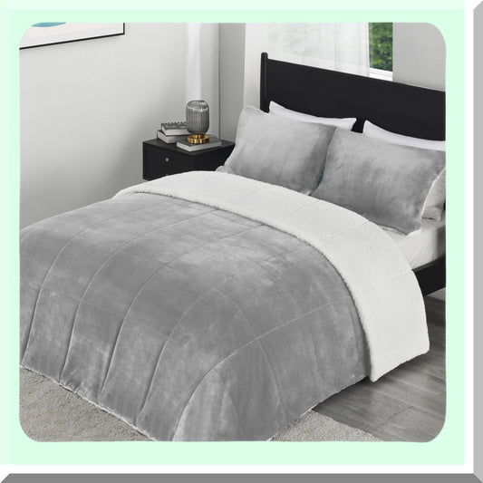 Luxury Plush Sherpa Comforter Set - Queen Size 3-Piece Bedding Bundle with Micromink, Ultra-Soft Light Grey Blanket & Pillow Shams for Fall & Winter Warmth