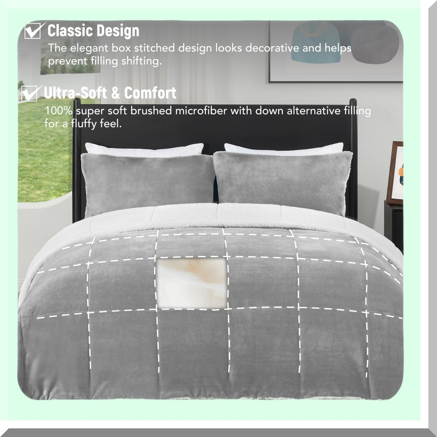 Luxury Plush Sherpa Comforter Set - Queen Size 3-Piece Bedding Bundle with Micromink, Ultra-Soft Light Grey Blanket & Pillow Shams for Fall & Winter Warmth