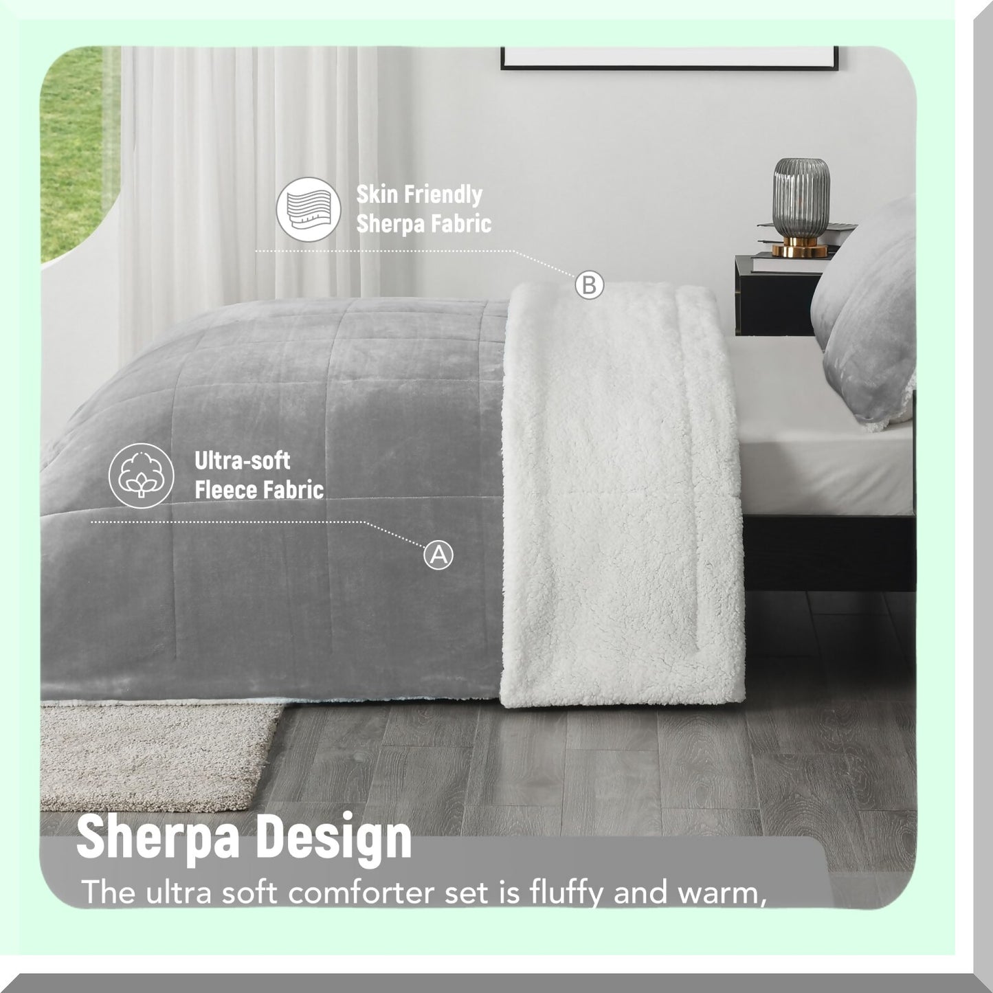 Luxury Plush Sherpa Comforter Set - Queen Size 3-Piece Bedding Bundle with Micromink, Ultra-Soft Light Grey Blanket & Pillow Shams for Fall & Winter Warmth