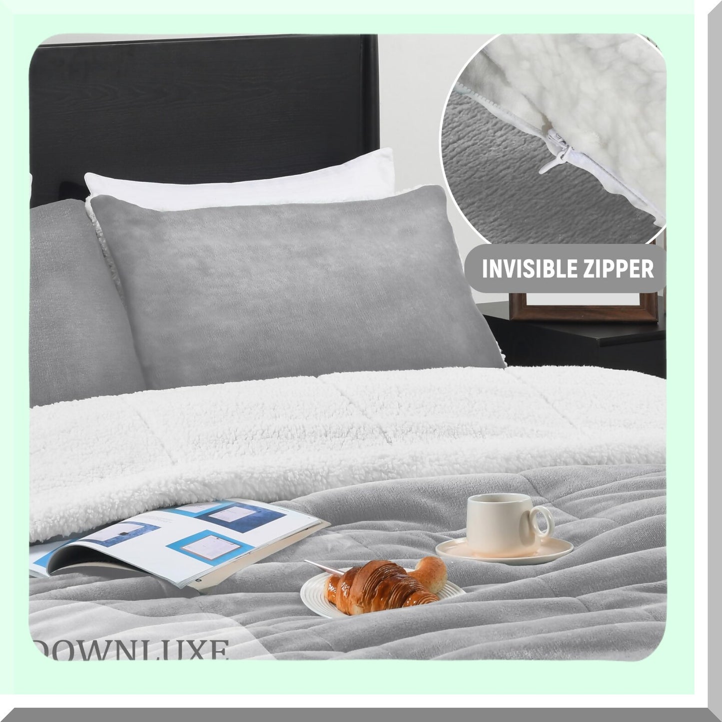 Luxury Plush Sherpa Comforter Set - Queen Size 3-Piece Bedding Bundle with Micromink, Ultra-Soft Light Grey Blanket & Pillow Shams for Fall & Winter Warmth