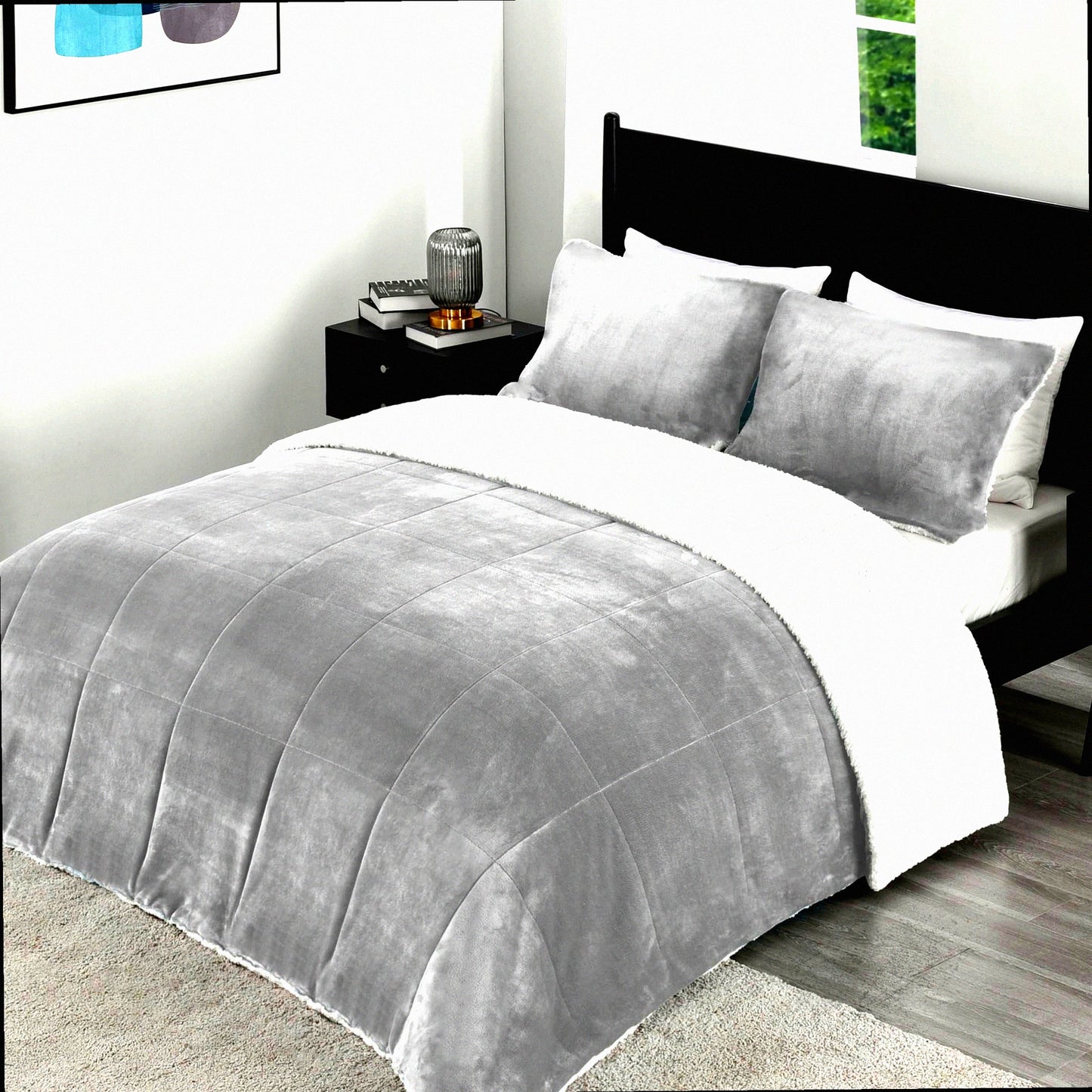 Luxury Plush Sherpa Comforter Set - Queen Size 3-Piece Bedding Bundle with Micromink, Ultra-Soft Light Grey Blanket & Pillow Shams for Fall & Winter Warmth