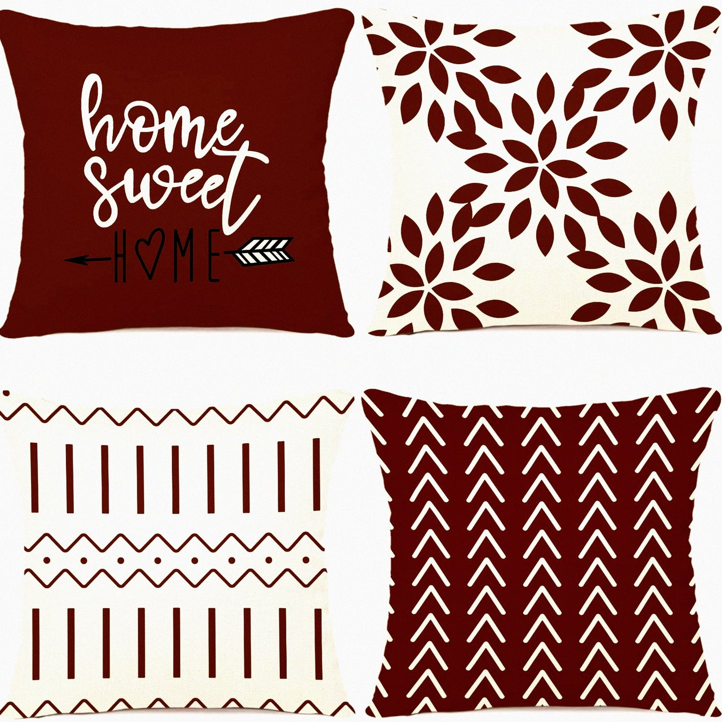 Wine Red Linen Pillow Covers - Set of 4, Modern Sofa Throw Pillow Case, Decorative Outdoor Fabric Cushion Cover for Couch Bed Car 18x18 inches