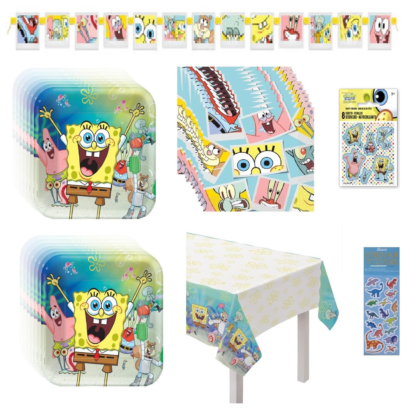 Birthday Bash Spongebob Party Pack - 16 Plates, 16 Napkins, Table Cover, Party Banner, 8 Sticker Sheets, Dino Sticker Sheet - All-In-One Celebration Kit