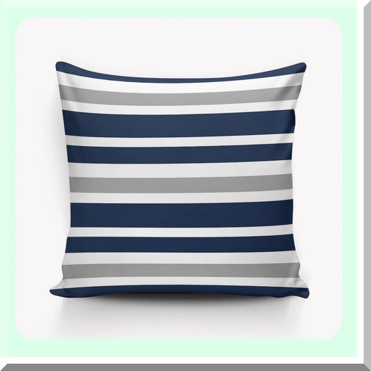 StripeLux Home Decor Pillow Cover - Navy Blue Grey White Patterned Throw Pillow for Sofa, Car, Office - 18"x18" - Double Sided Design