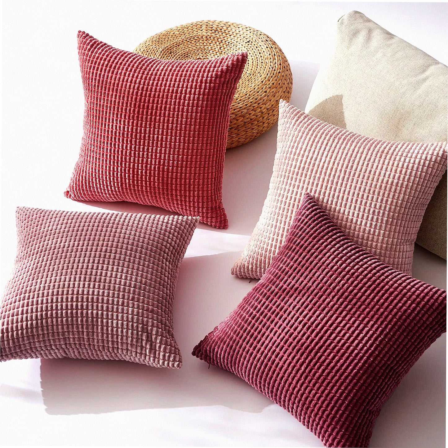 Pink Bliss Cozy Cushion Covers - Set of 4 | Fluffy Corduroy Throw Pillow Cases for Living Room & Bedroom Decor | 18x18 Inch Blush/Rose/Hot Pink | Coquette Aesthetic Home Accessories