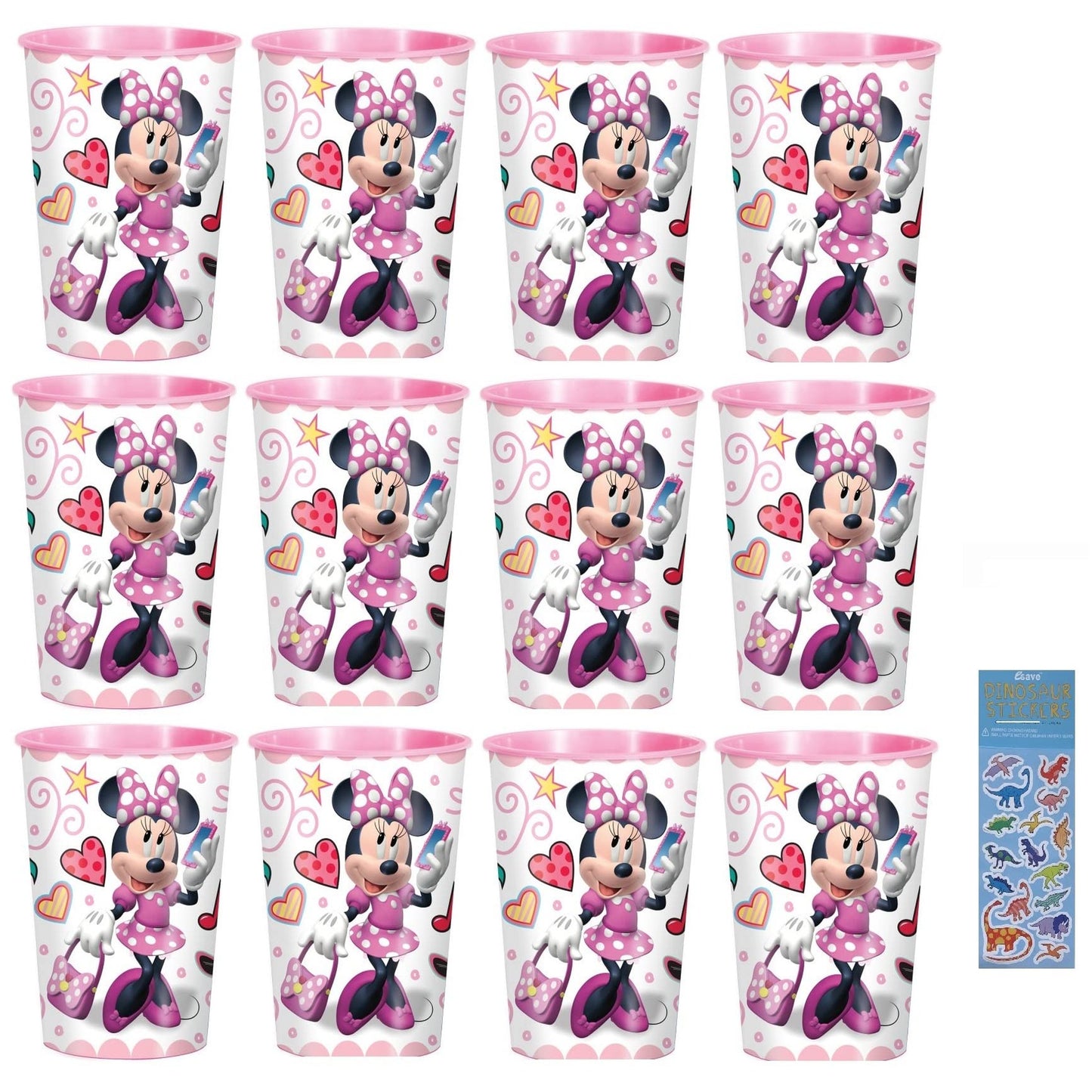 Minnie Mouse Birthday Party Pack: 12 Reusable Cups & Dinosaur Sticker Sheet - Fun & Festive Supplies for Kids' Celebration!