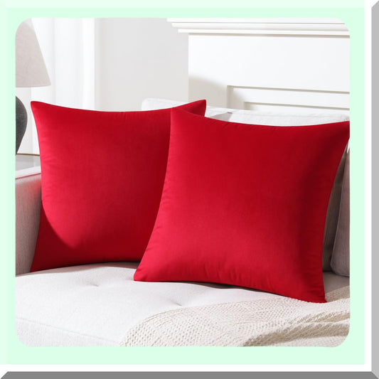 Velvet Red Square Pillow Covers - Set of 2 Cozy Decorative Throw Cushion Cases for Couch and Bed, 18x18 Inches - Soft Home Decor Accent