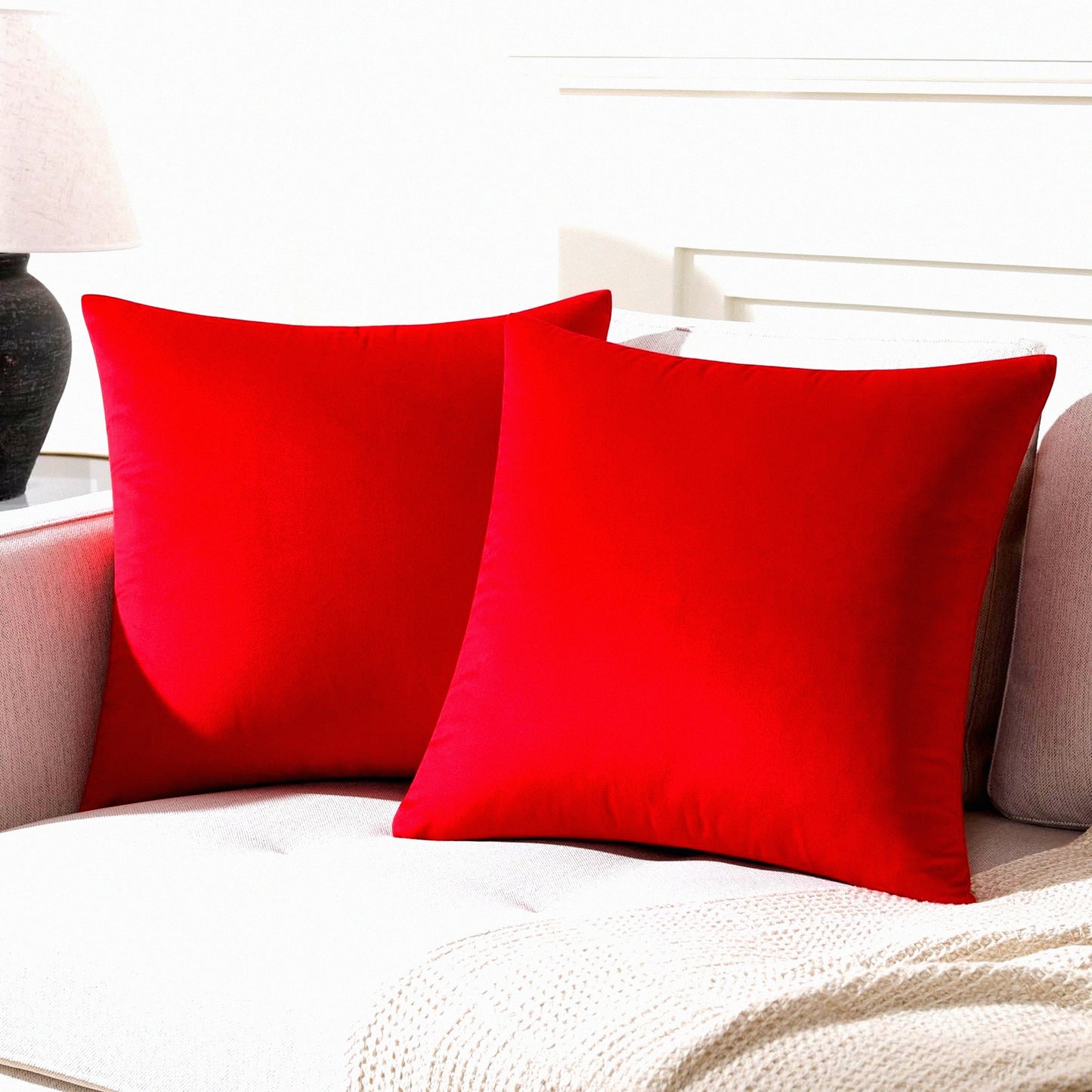 Velvet Red Square Pillow Covers - Set of 2 Cozy Decorative Throw Cushion Cases for Couch and Bed, 18x18 Inches - Soft Home Decor Accent