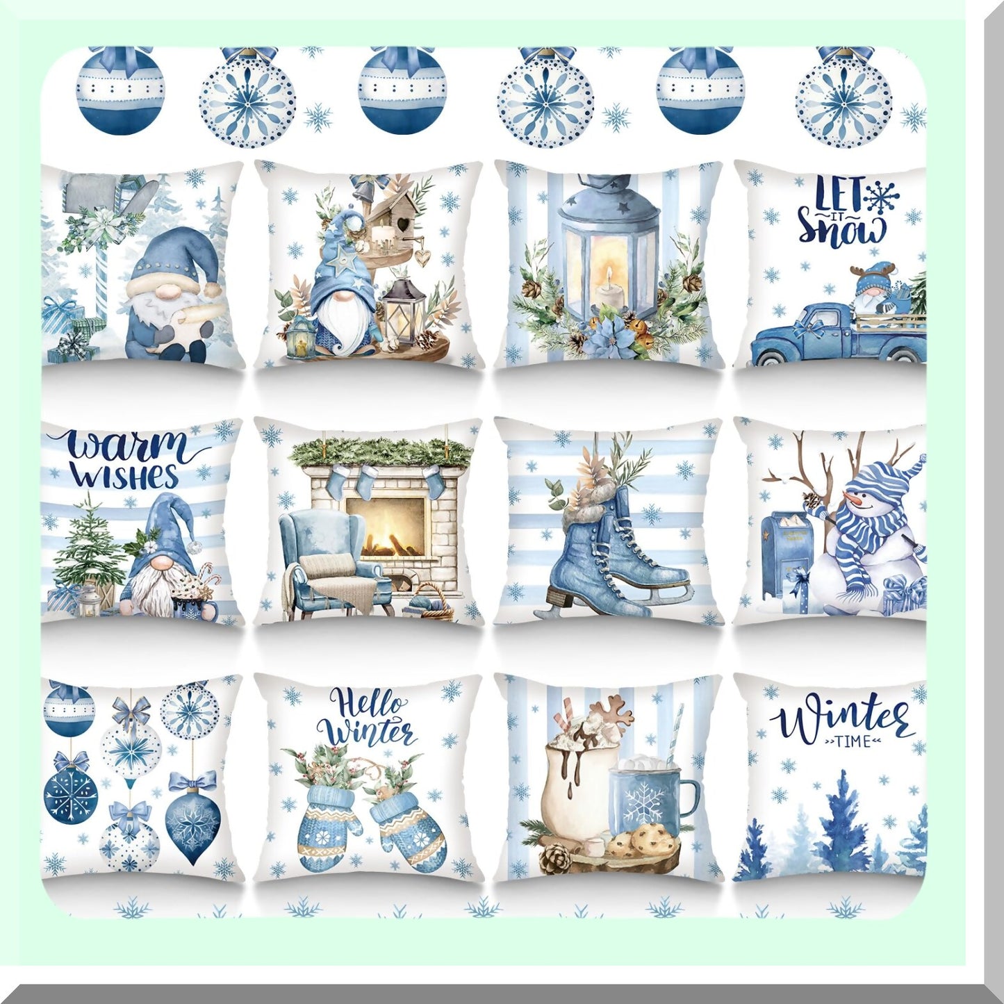 Winter Wonderland Gnome Snowflake Pillow Cover Set - 12pc Blue Mitten Snowman Farmhouse Holiday Decor for Living Room Couch - 18" x 18"