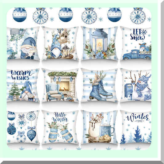 Winter Wonderland Gnome Snowflake Pillow Cover Set - 12pc Blue Mitten Snowman Farmhouse Holiday Decor for Living Room Couch - 18" x 18"
