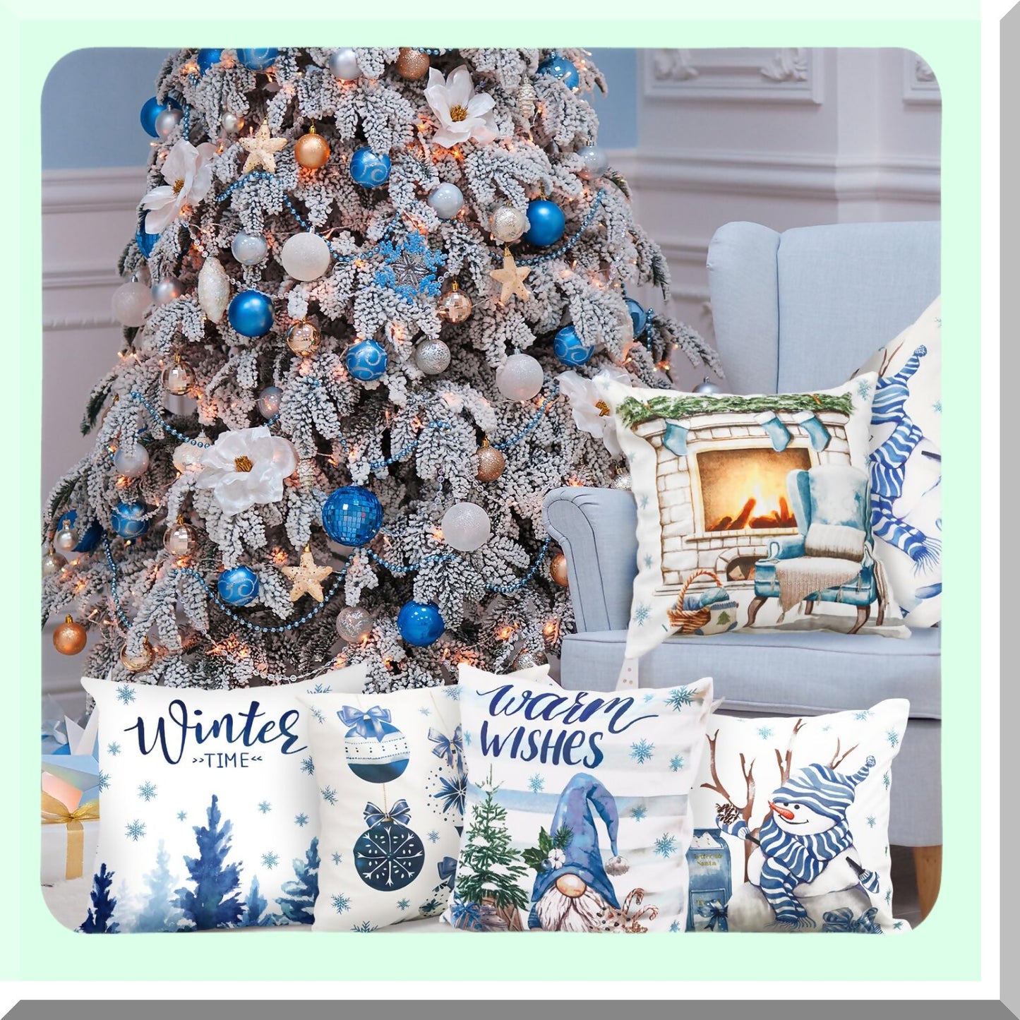 Winter Wonderland Gnome Snowflake Pillow Cover Set - 12pc Blue Mitten Snowman Farmhouse Holiday Decor for Living Room Couch - 18" x 18"