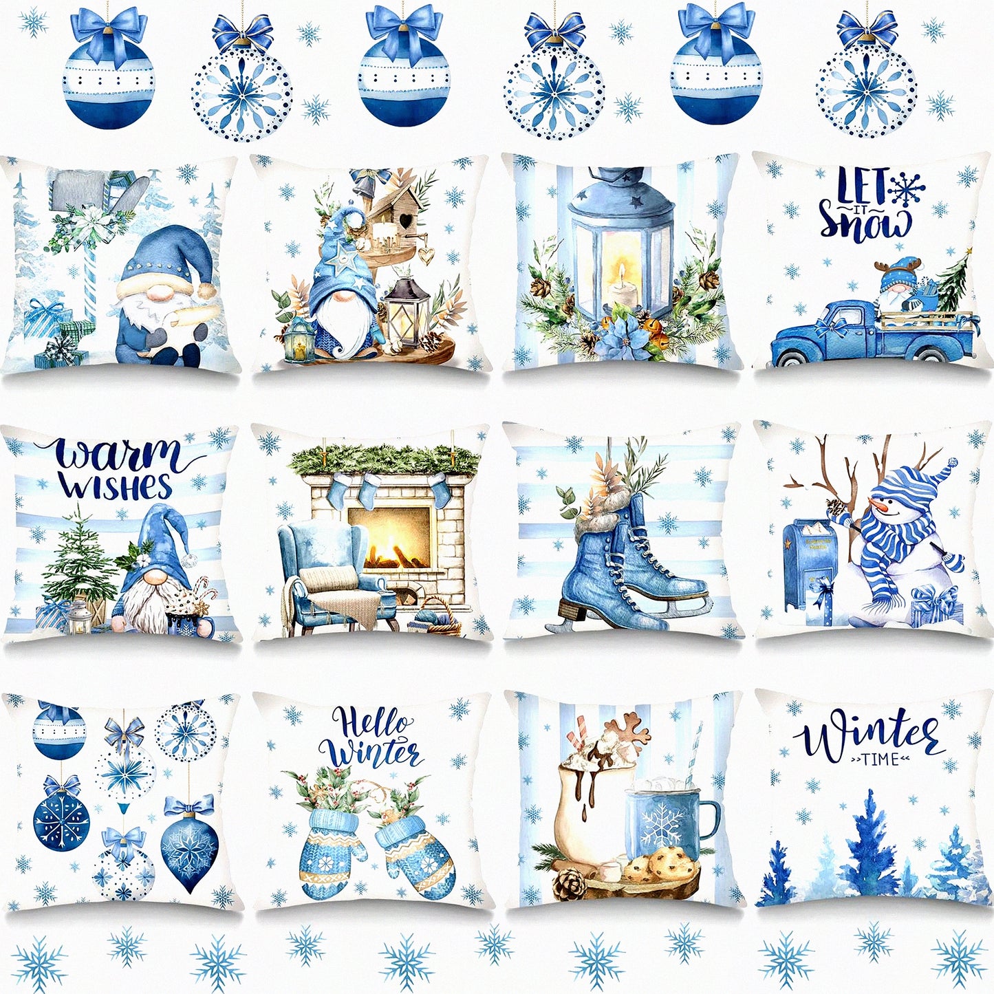 Winter Wonderland Gnome Snowflake Pillow Cover Set - 12pc Blue Mitten Snowman Farmhouse Holiday Decor for Living Room Couch - 18" x 18"