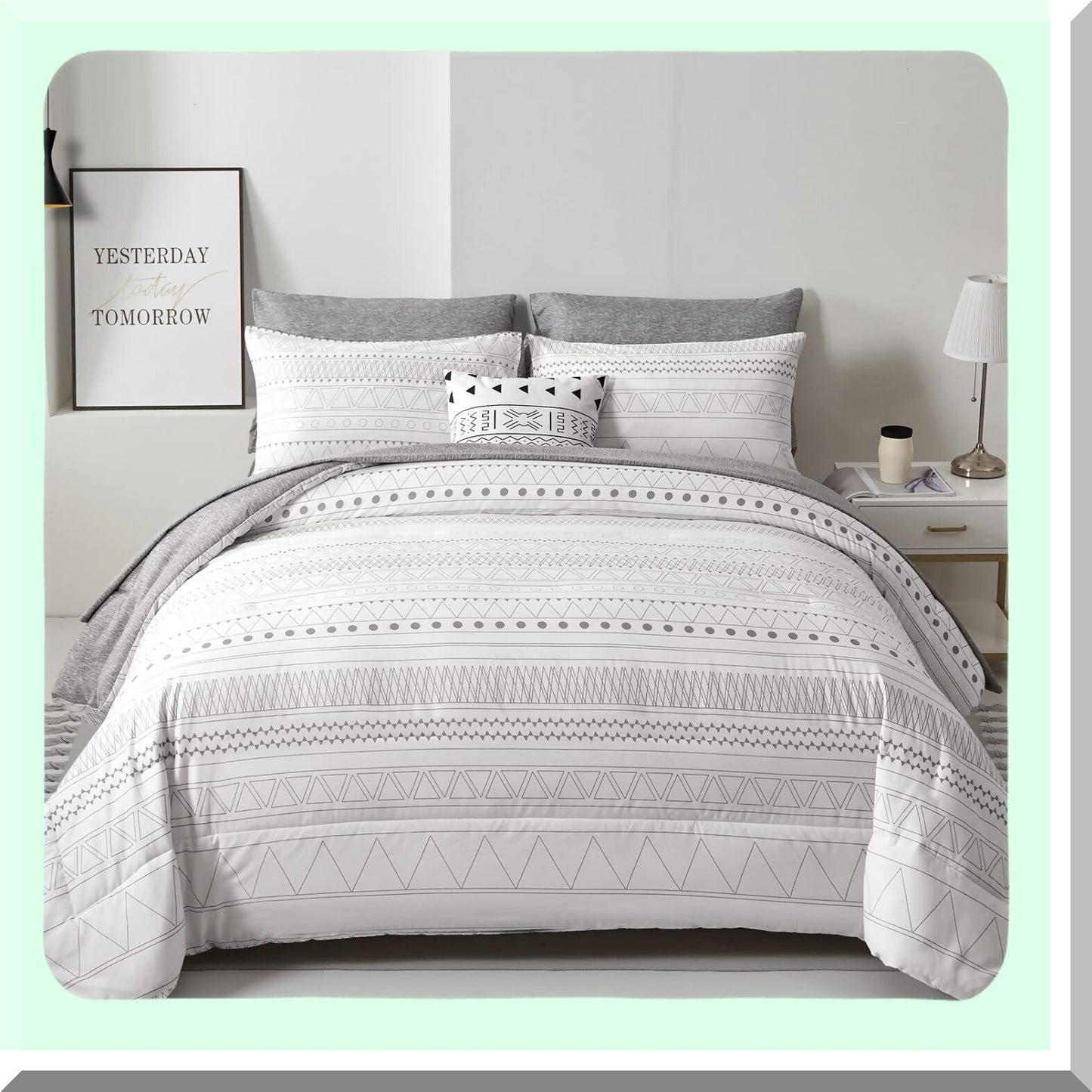 Geometric Boho Chic 7-Piece Comforter Set - Grey White Striped Bedding Bundle with Sheets, Pillowcases, Shams - Soft Microfiber - All Season Comfort