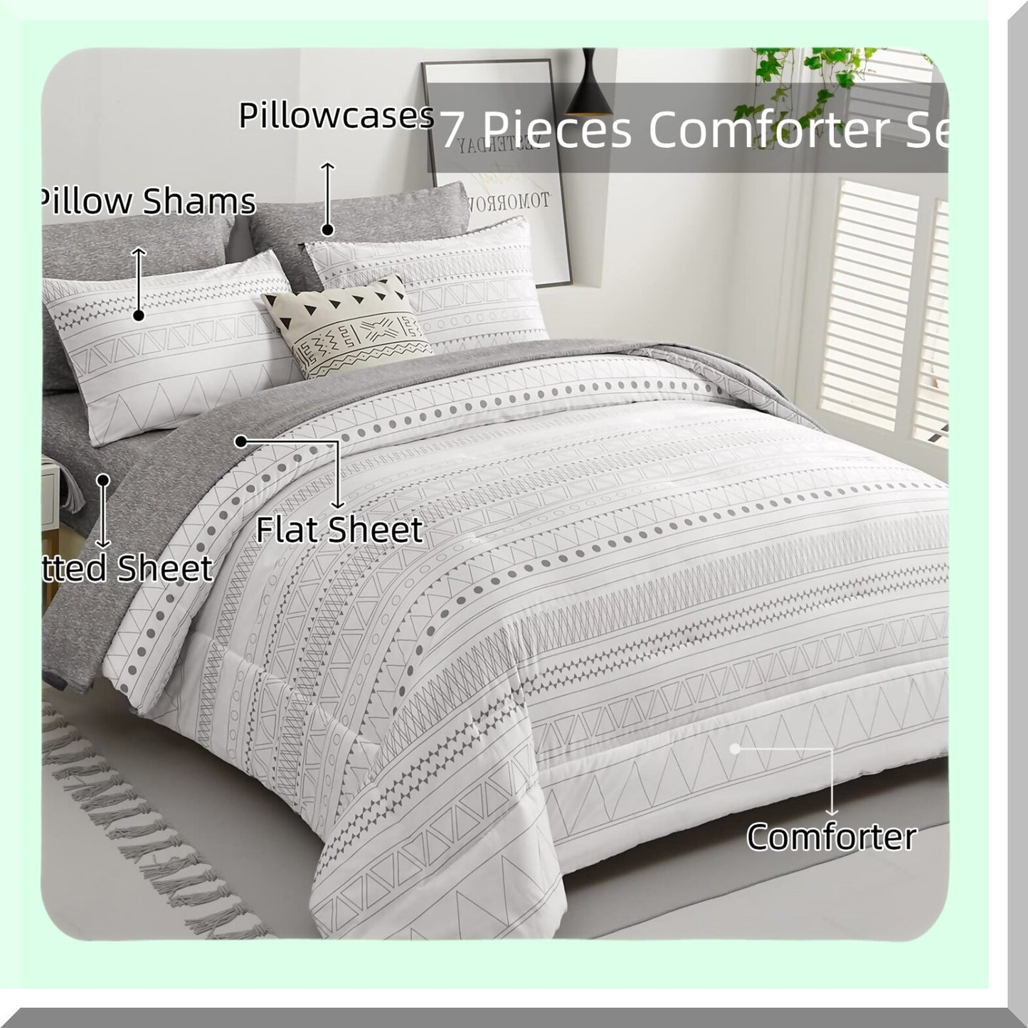 Geometric Boho Chic 7-Piece Comforter Set - Grey White Striped Bedding Bundle with Sheets, Pillowcases, Shams - Soft Microfiber - All Season Comfort