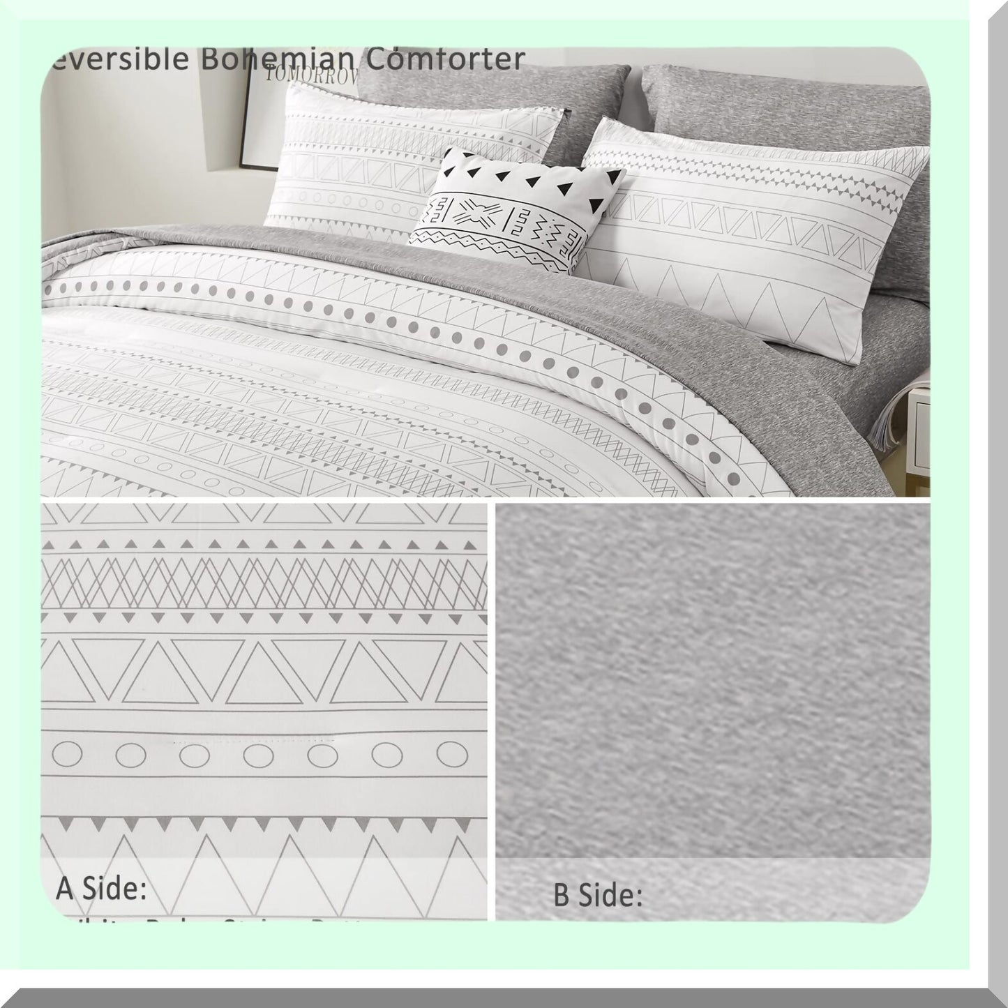 Geometric Boho Chic 7-Piece Comforter Set - Grey White Striped Bedding Bundle with Sheets, Pillowcases, Shams - Soft Microfiber - All Season Comfort