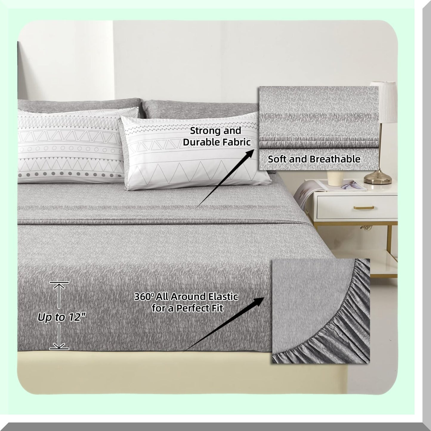 Geometric Boho Chic 7-Piece Comforter Set - Grey White Striped Bedding Bundle with Sheets, Pillowcases, Shams - Soft Microfiber - All Season Comfort