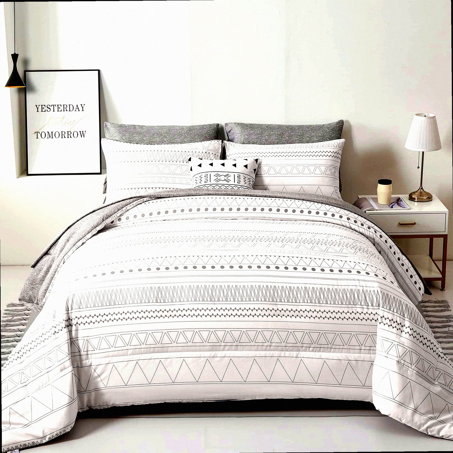 Geometric Boho Chic 7-Piece Comforter Set - Grey White Striped Bedding Bundle with Sheets, Pillowcases, Shams - Soft Microfiber - All Season Comfort