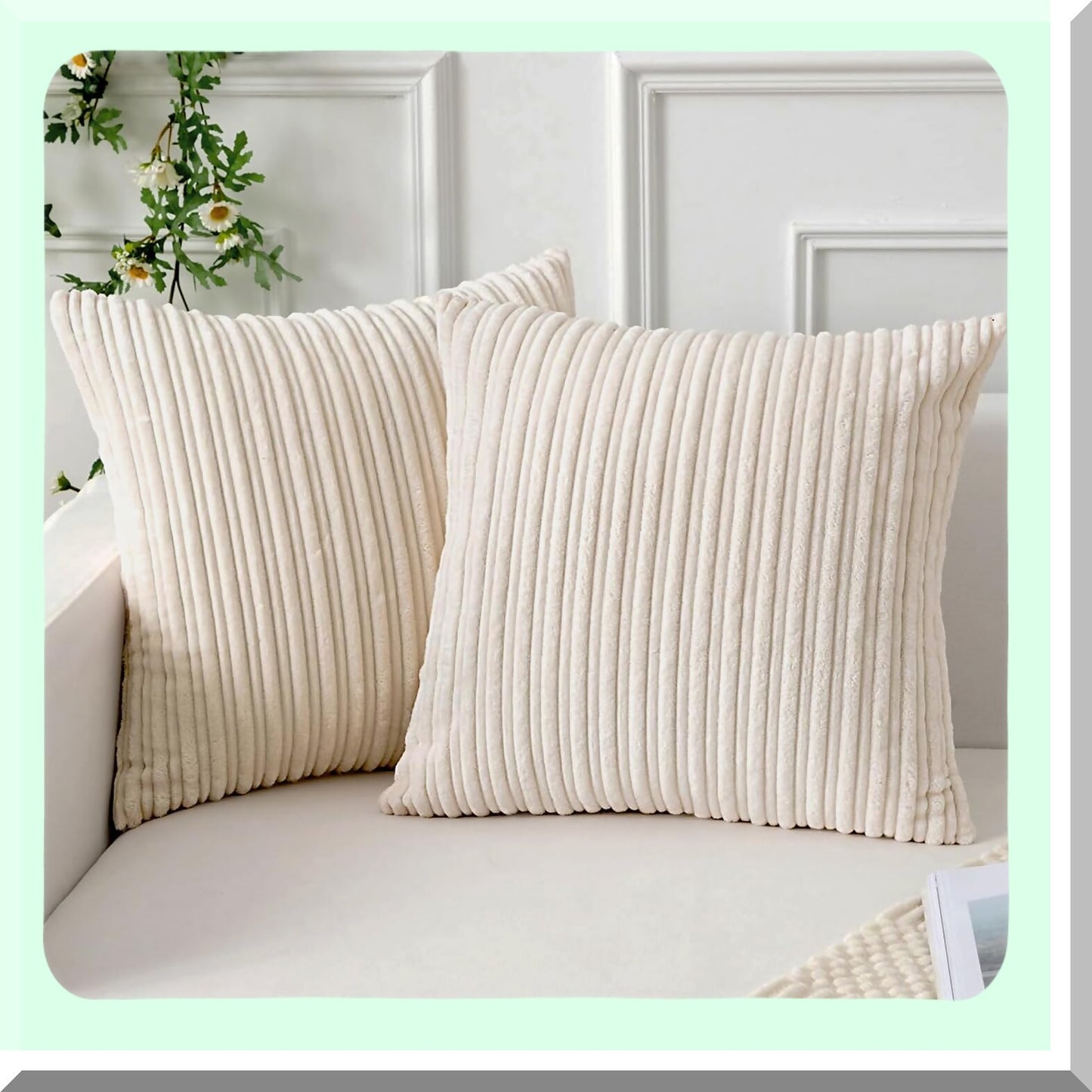 Soft Corduroy Creamy White Pillow Covers - Set of 2 | Decorative Square Cushion Covers for Sofa, Couch, Bed, Chair | 16x16 Inch Home Decor