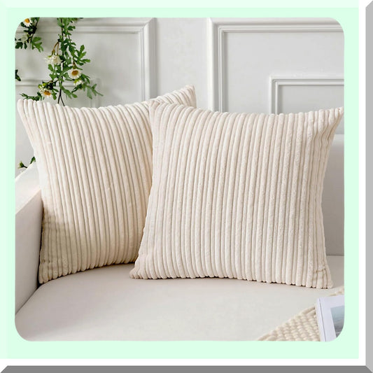 Soft Corduroy Creamy White Pillow Covers - Set of 2 | Decorative Square Cushion Covers for Sofa, Couch, Bed, Chair | 16x16 Inch Home Decor