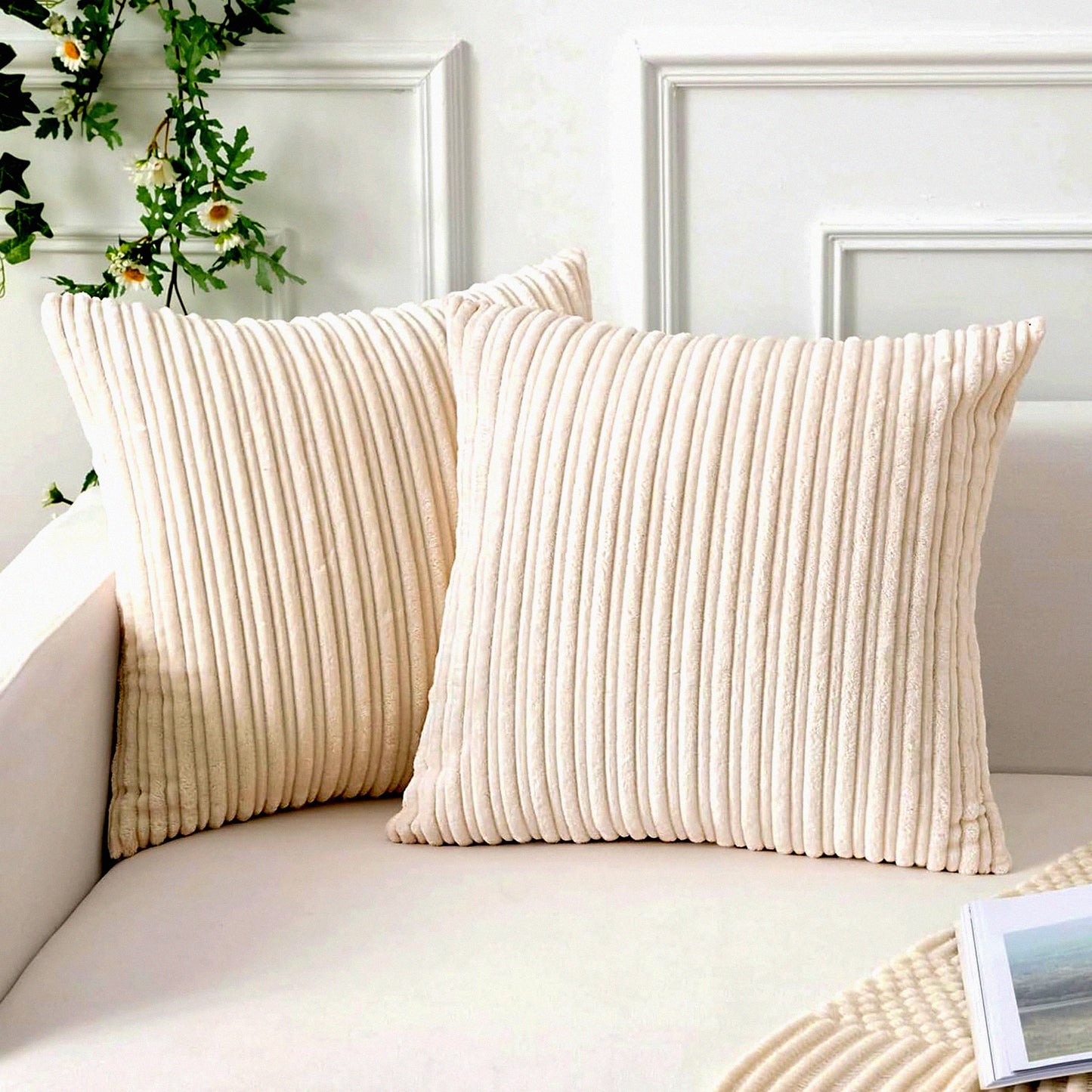 Soft Corduroy Creamy White Pillow Covers - Set of 2 | Decorative Square Cushion Covers for Sofa, Couch, Bed, Chair | 16x16 Inch Home Decor