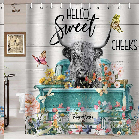 Highland Cow Teal Farm Shower Curtain 72x72 Inch