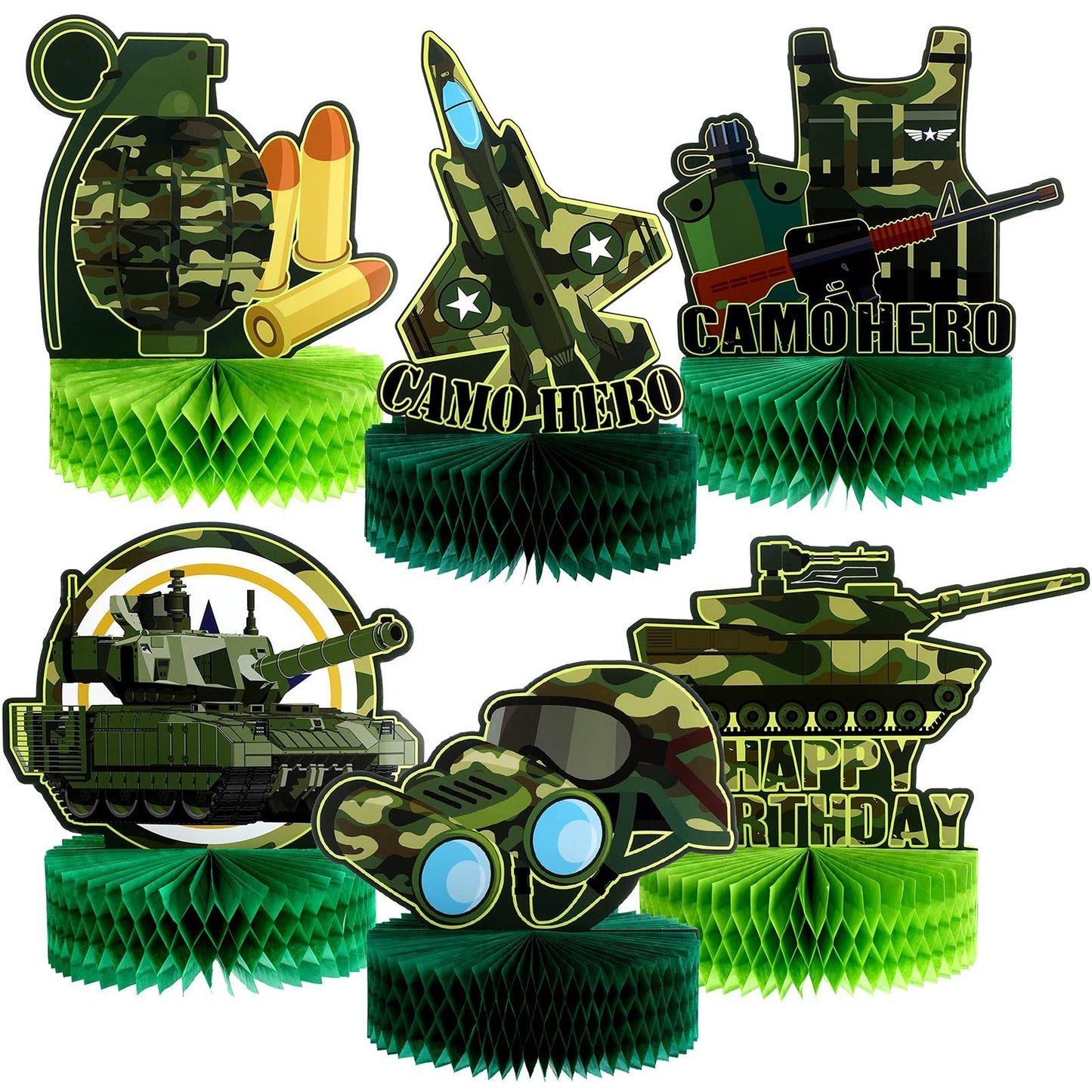 Camo Tank Party Centerpieces - Set of 6 Army Military Honeycomb Decorations for Birthday, Baby Shower, Photo Props. Perfect for Boy or Girl Soldier Theme!