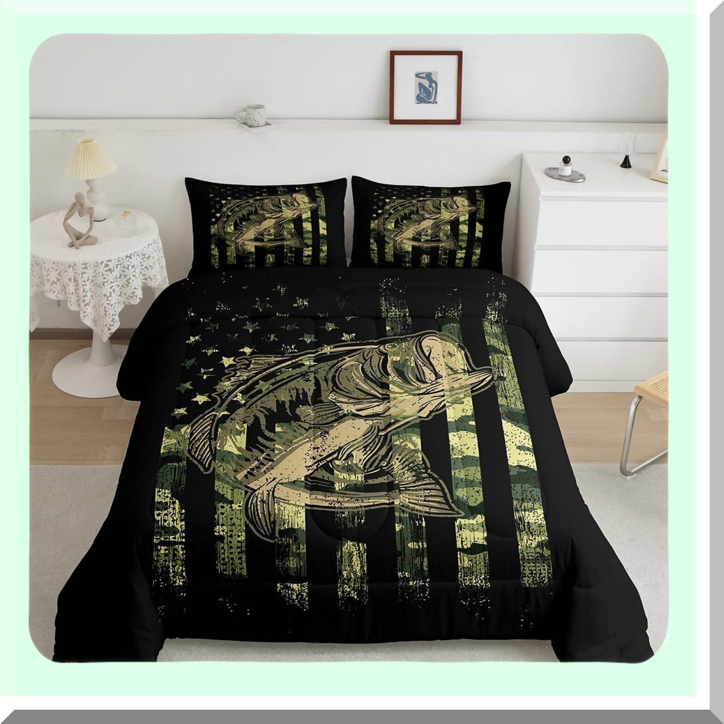 Wild Camo Flag Comforter Set - Fish Camouflage Bedding for Men & Women - Farmhouse Fishing Decor Quilted Set - 3Pcs Full Size - Green Black