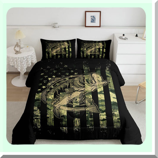 Wild Camo Flag Comforter Set - Fish Camouflage Bedding for Men & Women - Farmhouse Fishing Decor Quilted Set - 3Pcs Full Size - Green Black