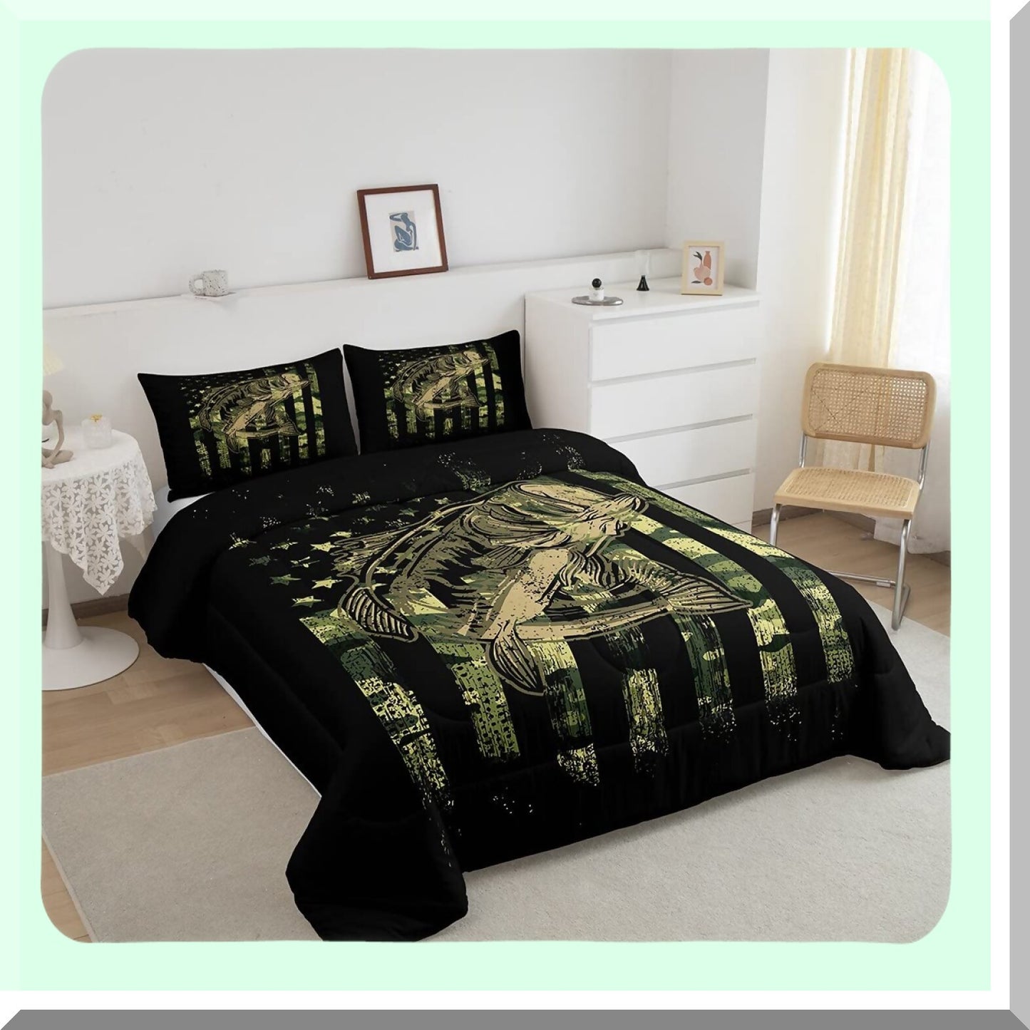 Wild Camo Flag Comforter Set - Fish Camouflage Bedding for Men & Women - Farmhouse Fishing Decor Quilted Set - 3Pcs Full Size - Green Black
