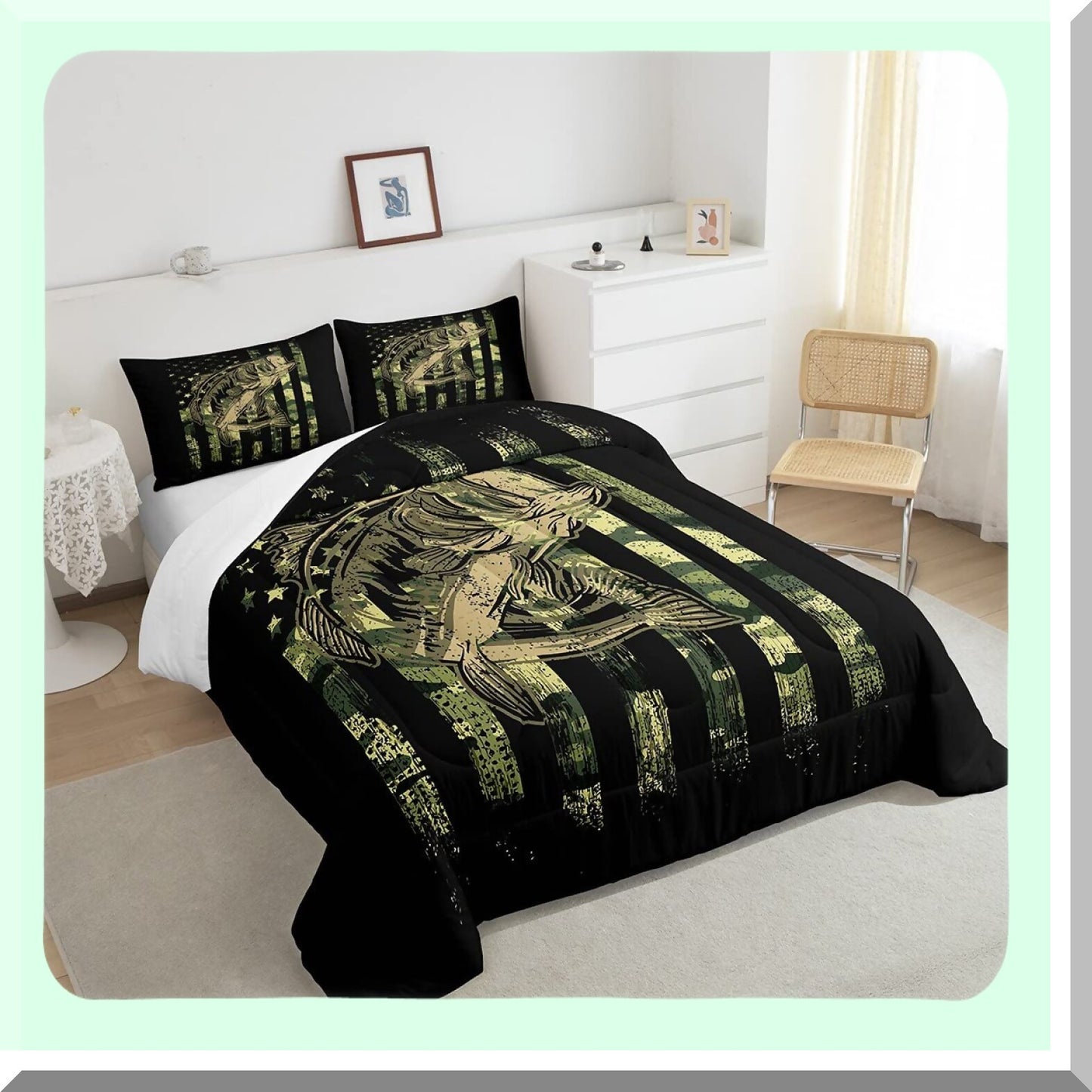 Wild Camo Flag Comforter Set - Fish Camouflage Bedding for Men & Women - Farmhouse Fishing Decor Quilted Set - 3Pcs Full Size - Green Black