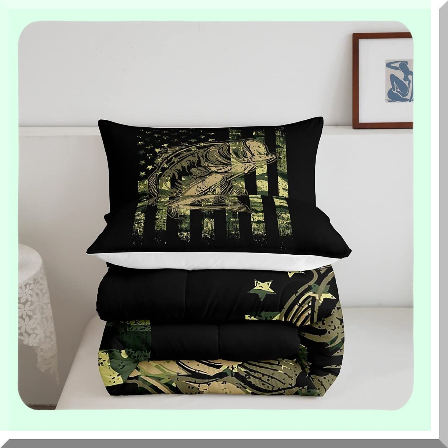 Wild Camo Flag Comforter Set - Fish Camouflage Bedding for Men & Women - Farmhouse Fishing Decor Quilted Set - 3Pcs Full Size - Green Black
