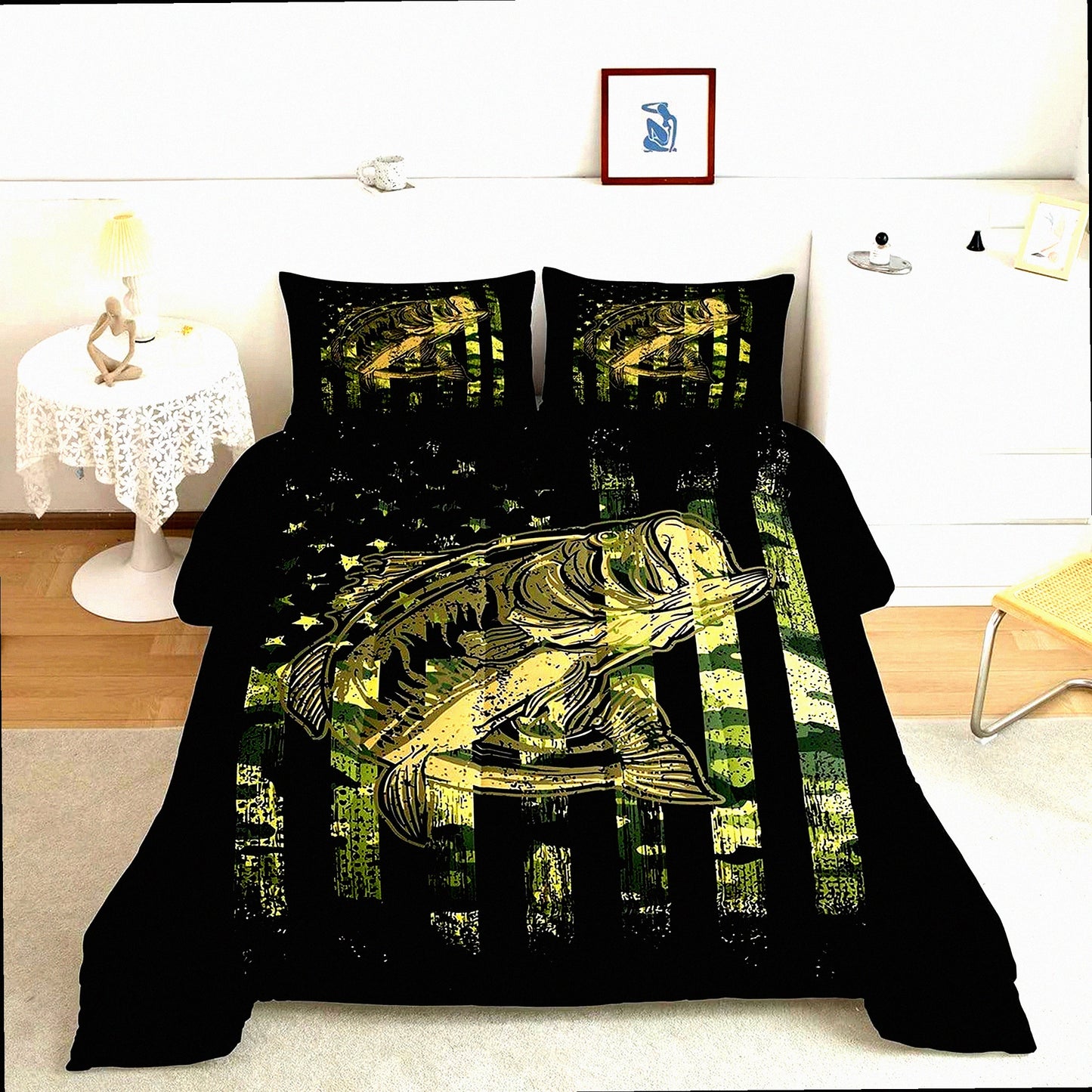 Wild Camo Flag Comforter Set - Fish Camouflage Bedding for Men & Women - Farmhouse Fishing Decor Quilted Set - 3Pcs Full Size - Green Black