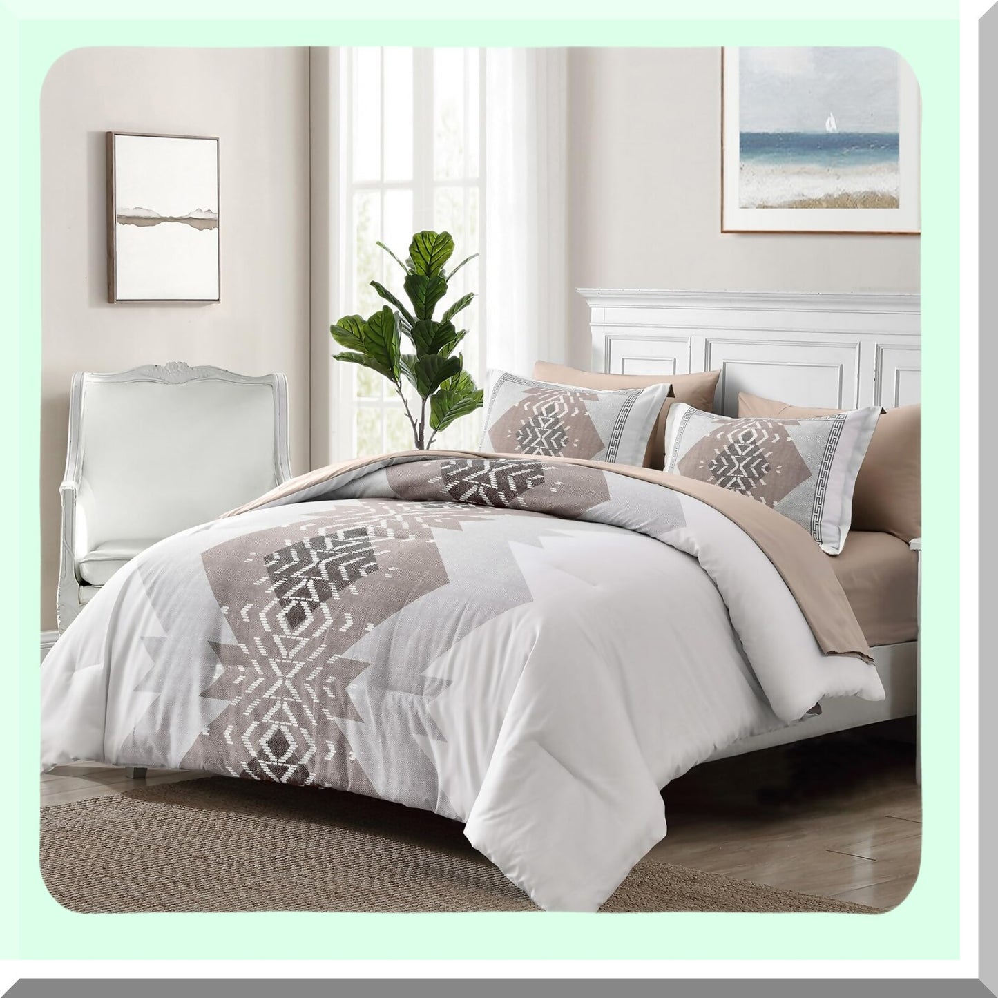 Taupe Boho Bliss 7-Piece Comforter Set - Soft Lightweight Microfiber Bedding with Comforters, Sheets, Pillowcases, Shams - Queen Size 90"x103"