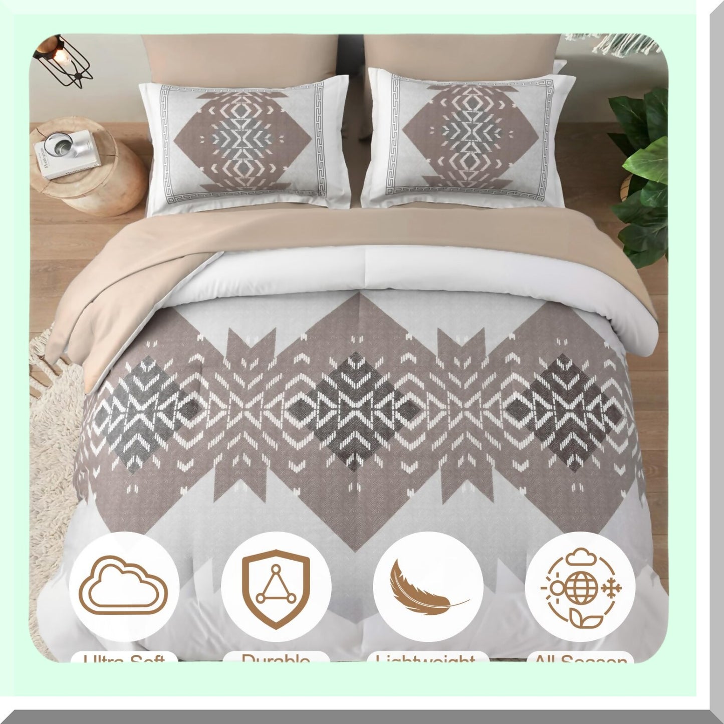Taupe Boho Bliss 7-Piece Comforter Set - Soft Lightweight Microfiber Bedding with Comforters, Sheets, Pillowcases, Shams - Queen Size 90"x103"