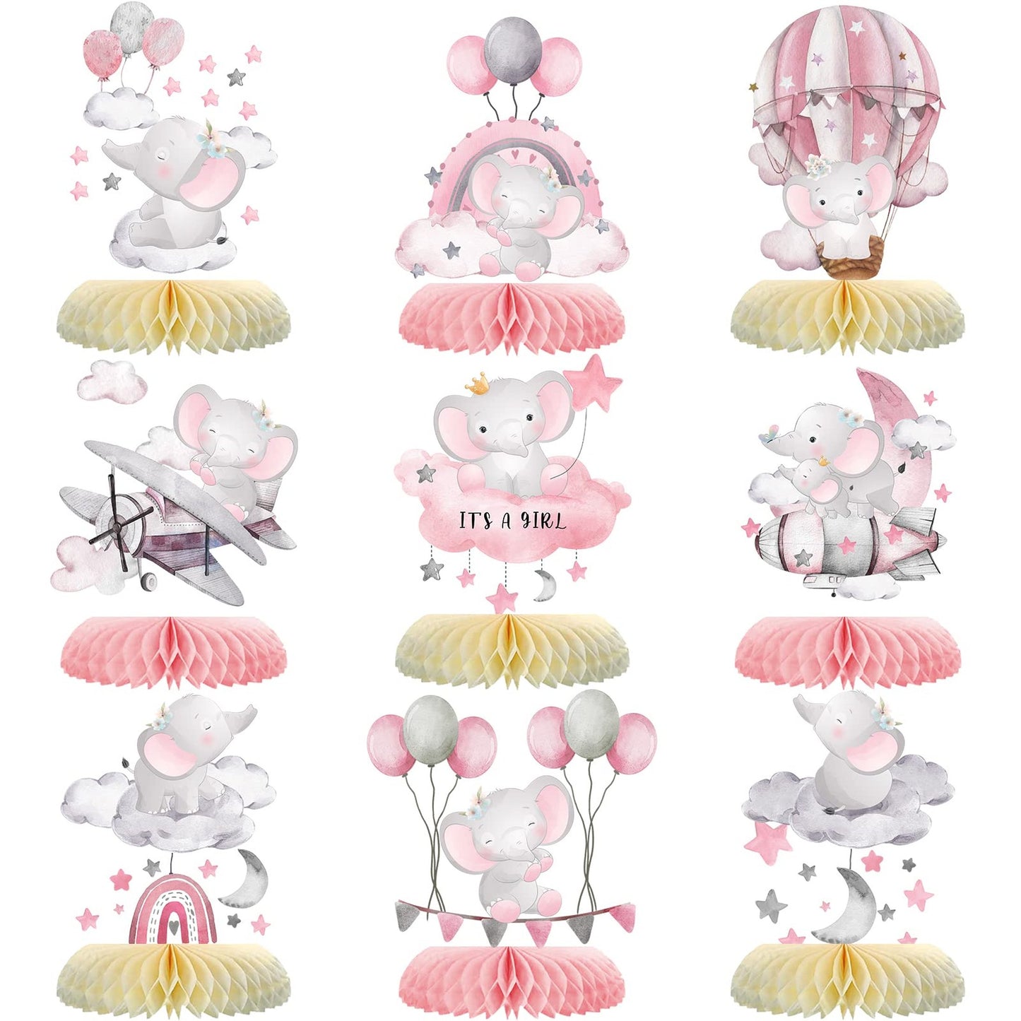 Elephant Baby Shower Honeycomb Centerpieces - Pink Elephant Balloons Star Moon Topper Table Decoration Set for Girls Party, Photo Props Supplies