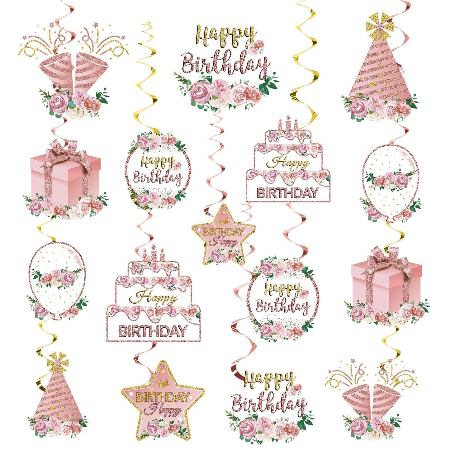 Rose Gold Flower Birthday Swirls - Women's Floral Party Decorations - Happy Birthday Hanging Swirls - 16th 18th 21st 30th 40th 50th 60th Celebration - Pink Theme Decor for Girls