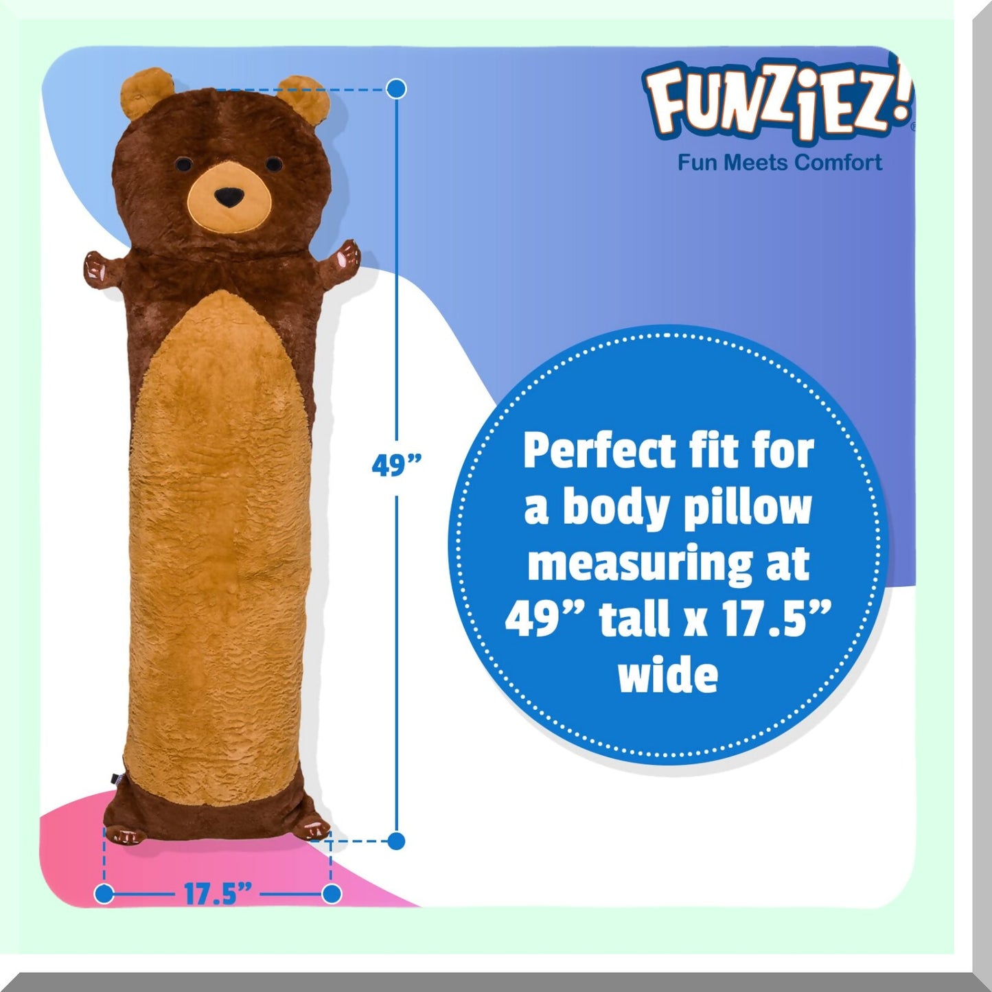 CozyCuddle Teddy Bear Body Pillow Cover - Soft Brown Animal Novelty Pillowcase for Kids and Adults - Funziez! Plush Pillow Protector